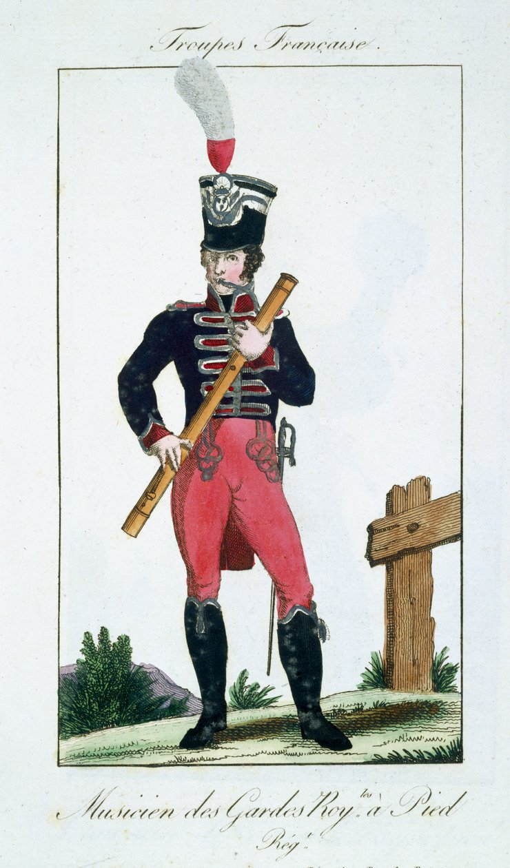 Musiker fra Royal Footguards, fra Troupes Francaises, pub. i Basset, Paris, ca. 1790 af French School