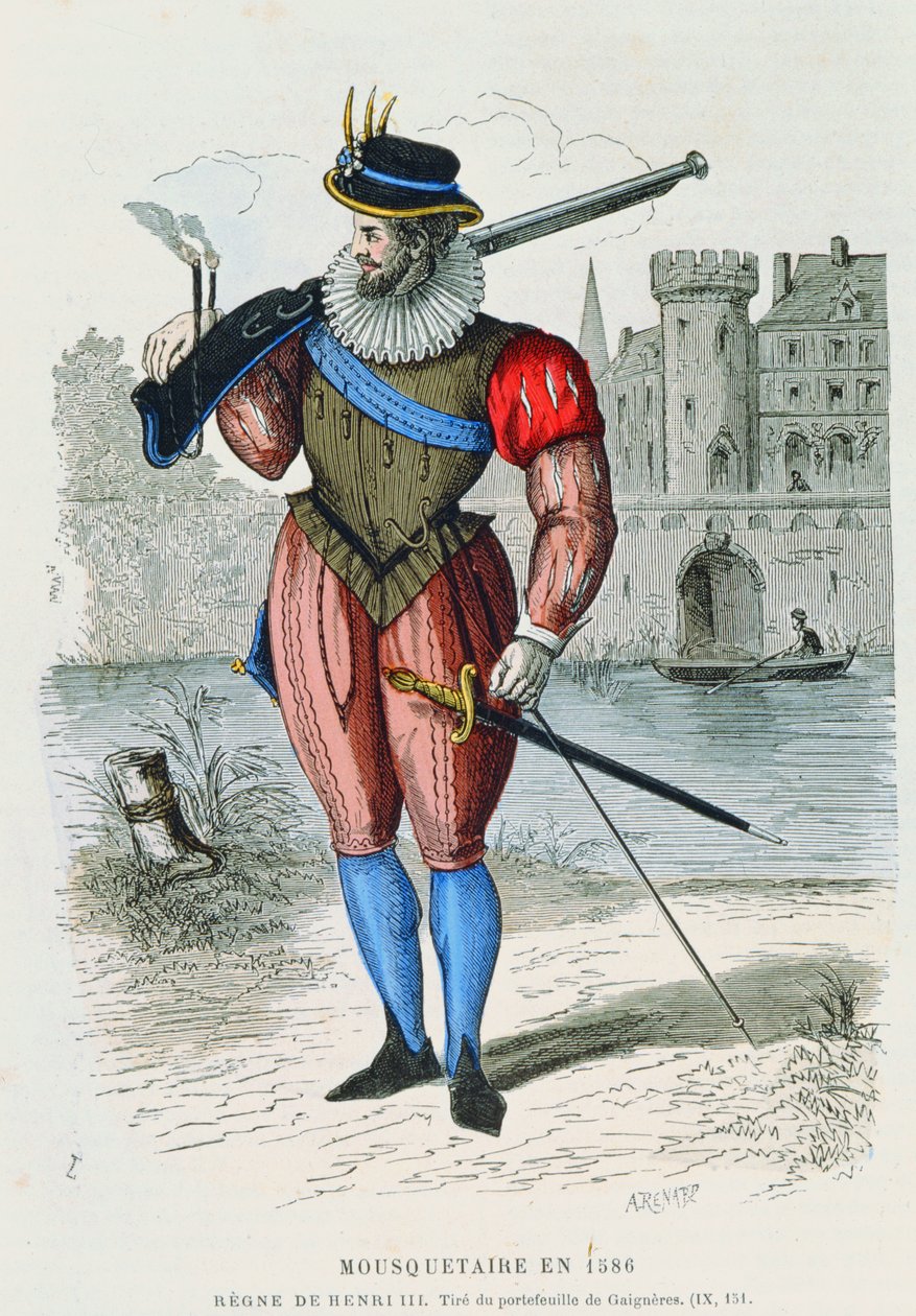 Musketer i 1586, illustration fra Costumes de Paris a travers les siecles af H. Gourdon de Genouillac, graveret af A. Renard (farvestik) af French School