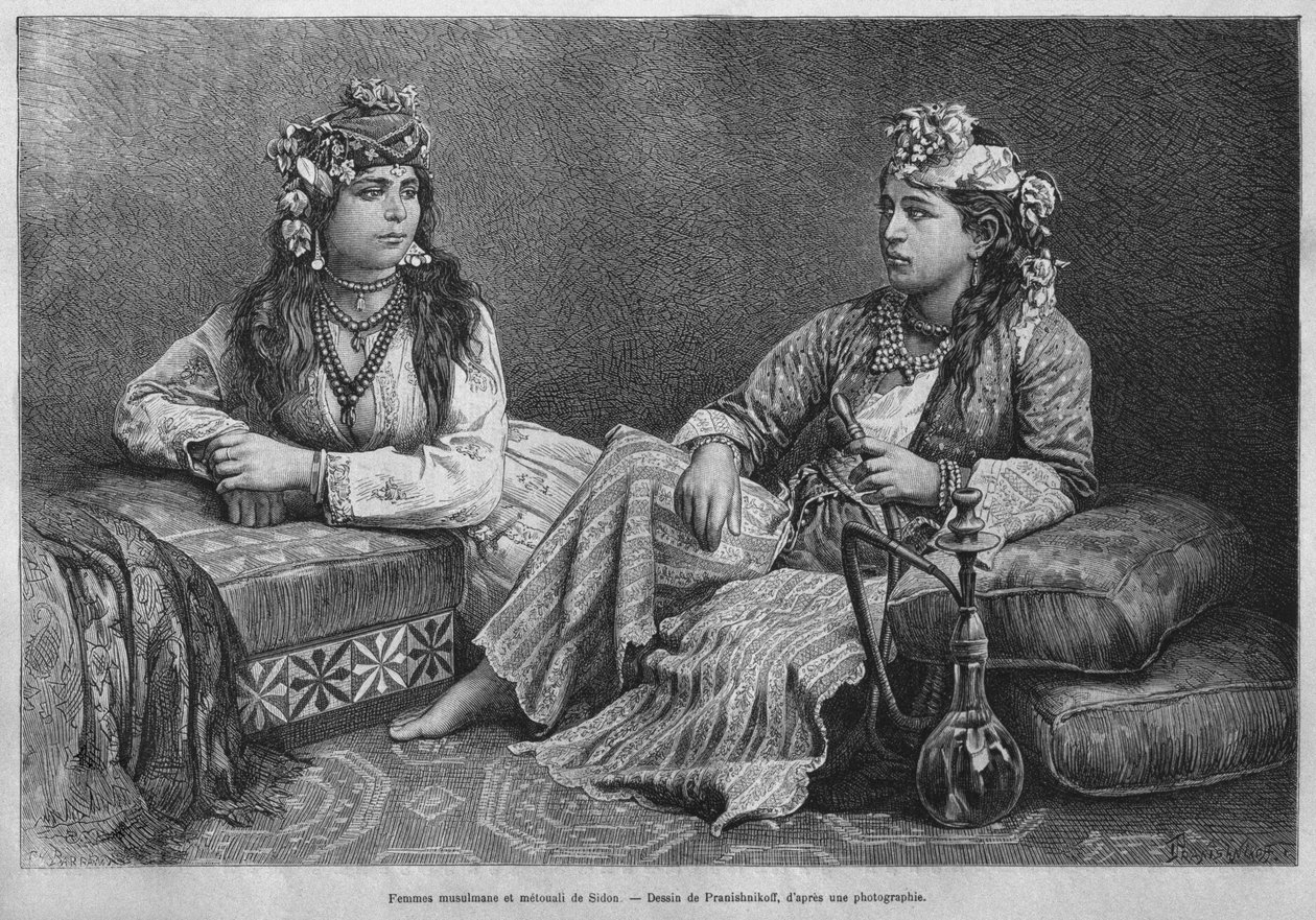 Muslimske kvinder i Sidon, fra Syrien i dag. Rejser i Fønikien, Libanon og Judæa. 1875-1880 af Louis Charles Emile Lortet, 1884 (bw gravering) af French School