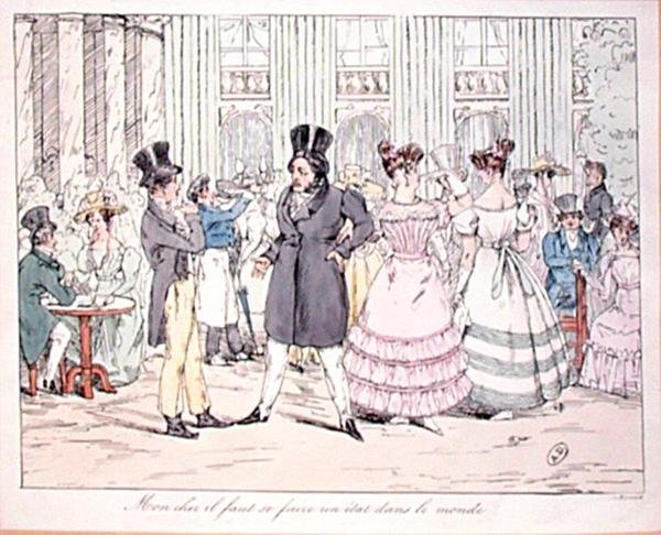 "Min kære ven, man må finde sig en plads i verden", karikatur af "Cafe de la Rotonde" i Palais Royal, begyndelsen af det 19. århundrede (farvestik) af French School