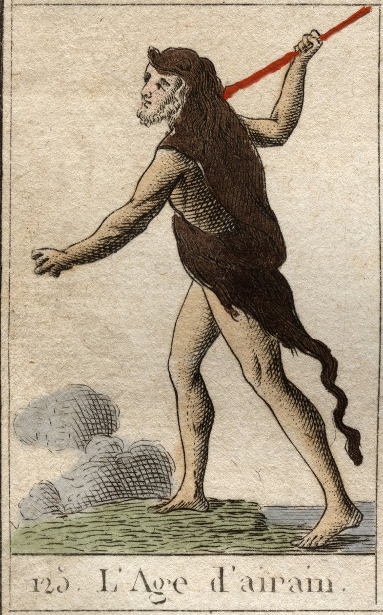 Myth of the Ages of Humanity: en repræsentation af den frækne tidsalder, som en ung mand med et løveskind og et spydvåben. (Bronzealderen afbildet som en ung mand, klædt med en løvepels og bevæbnet med et spyd). Fra "Mythology of Youth" af Pierre Blanchard af French School