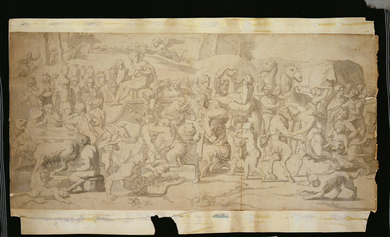 Mytologisk scene med satyrer (pen, blæk og lavering på papir) af French School