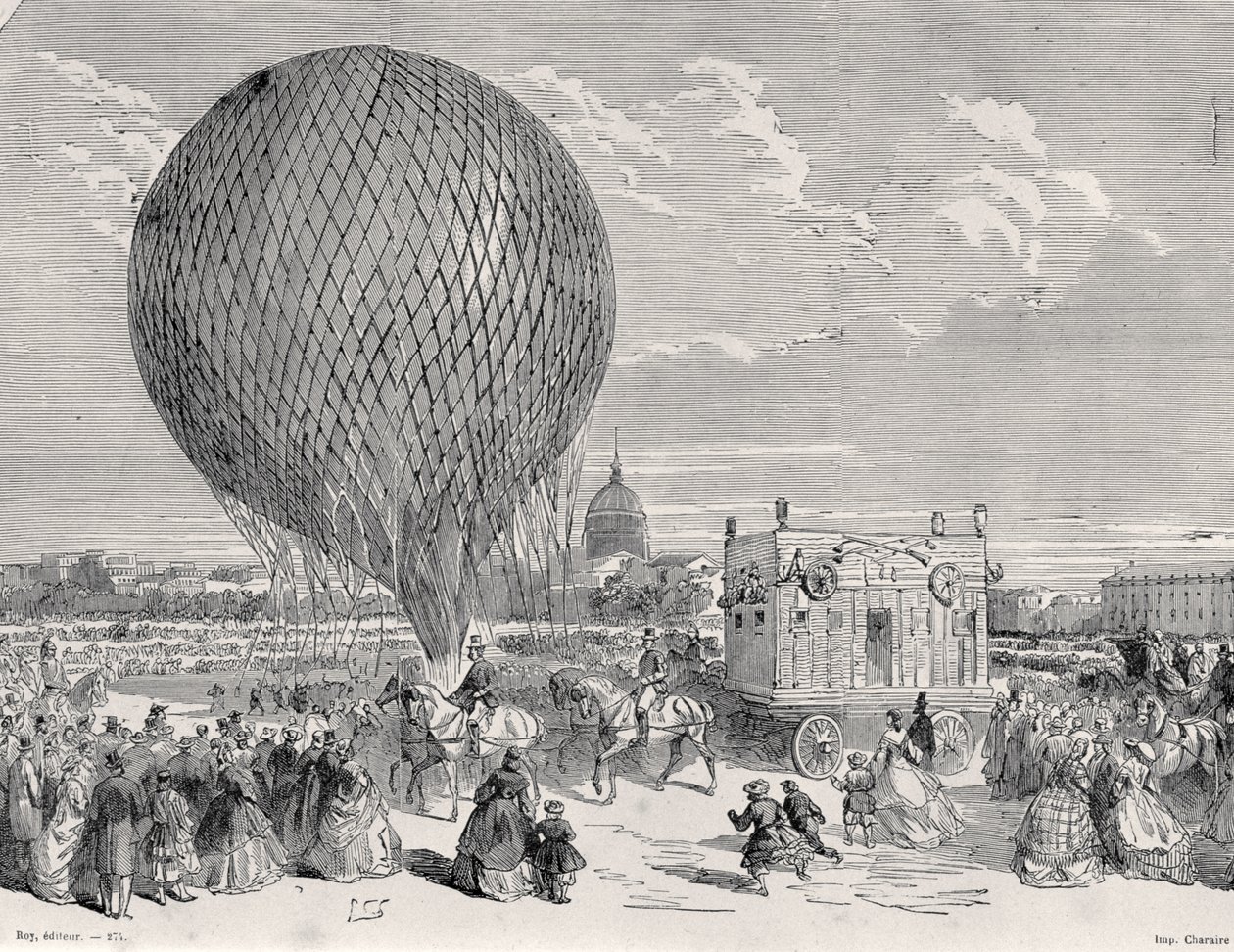 Nadars ballon, Le Géant klargøres på Champ de Mars, Paris til sin første flyvning den 4. oktober 1863, illustration fra Paris a Travers Les Siecles: Tome 5, 1889 af French School