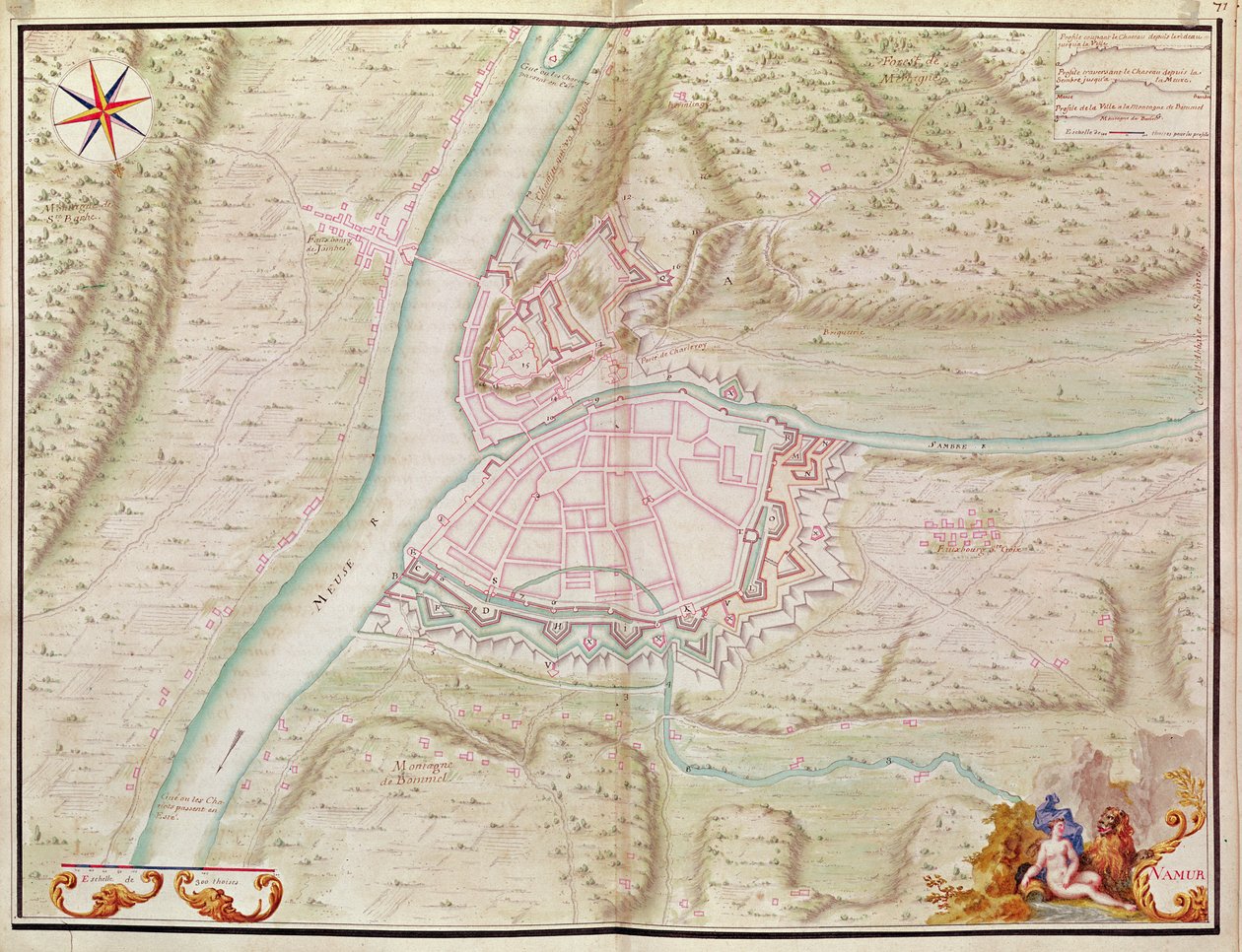Namur og omegn, fra Atlas de Louis XIV. Plans des Places etrangeres, 1665 (pen, blæk og vask) af French School