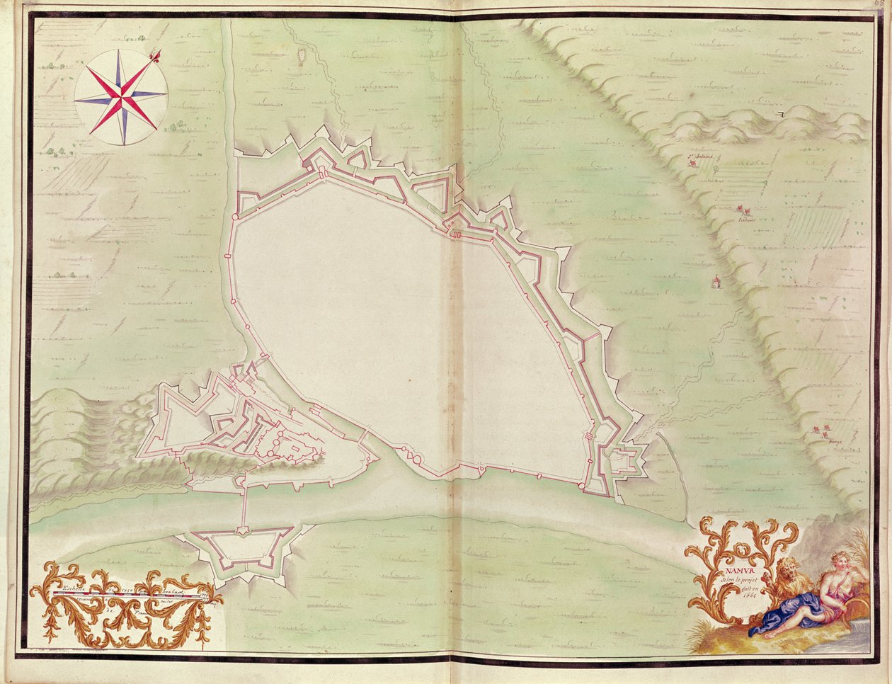 Namur, fra Atlas af Ludvig XIV. Planer over fremmede steder, 1665 (pen, blæk og vask) af French School