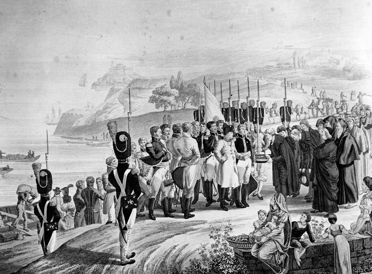 Napoleon (1769-1821) ankommer til øen Elba, 1814 af French School