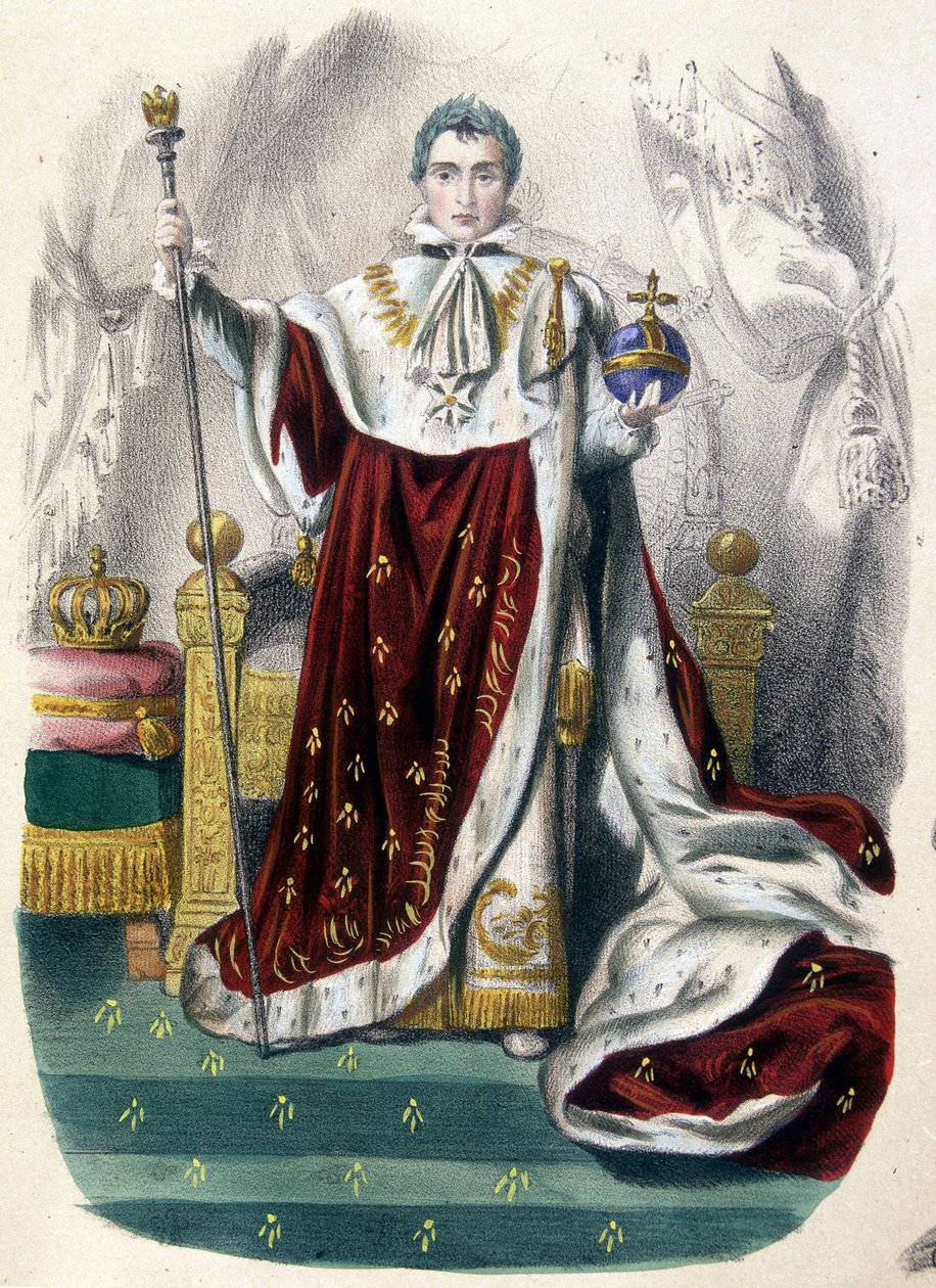 Napoleon 1. i kroningskostume - i "Frankrigs historie i tryk", slutningen af ​​1800-tallet af French School