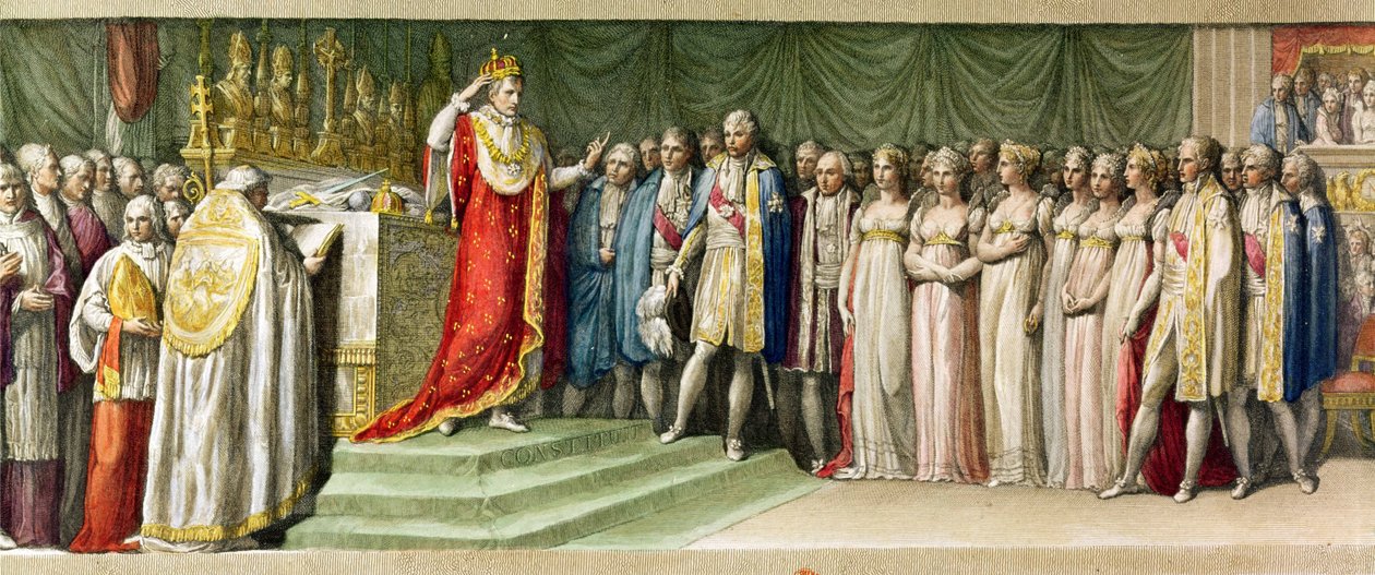 Napoleon Bonaparte (1769-1821) Kroner sig selv med langobardernes jernkrone i Milano, 1805 (farvestik) af French School