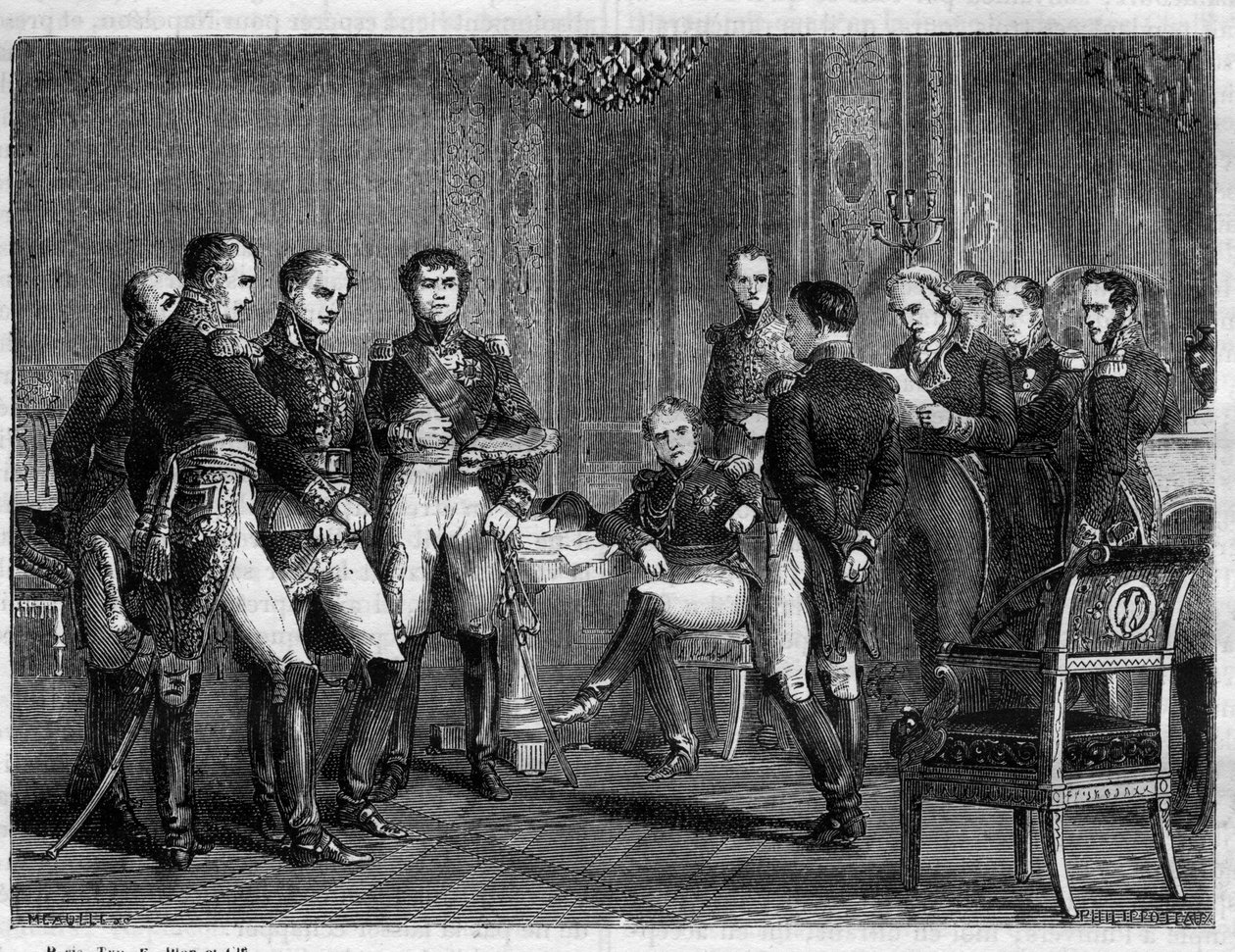 Napoleon Bonaparte - første abdikation af Napoleon i 1814 - Læsning i Napoleons nærværelse af et brev fra Pierre Riel de Beurnonville til Marechal MacDonald, hertug af Taranto - i "Histoire de l