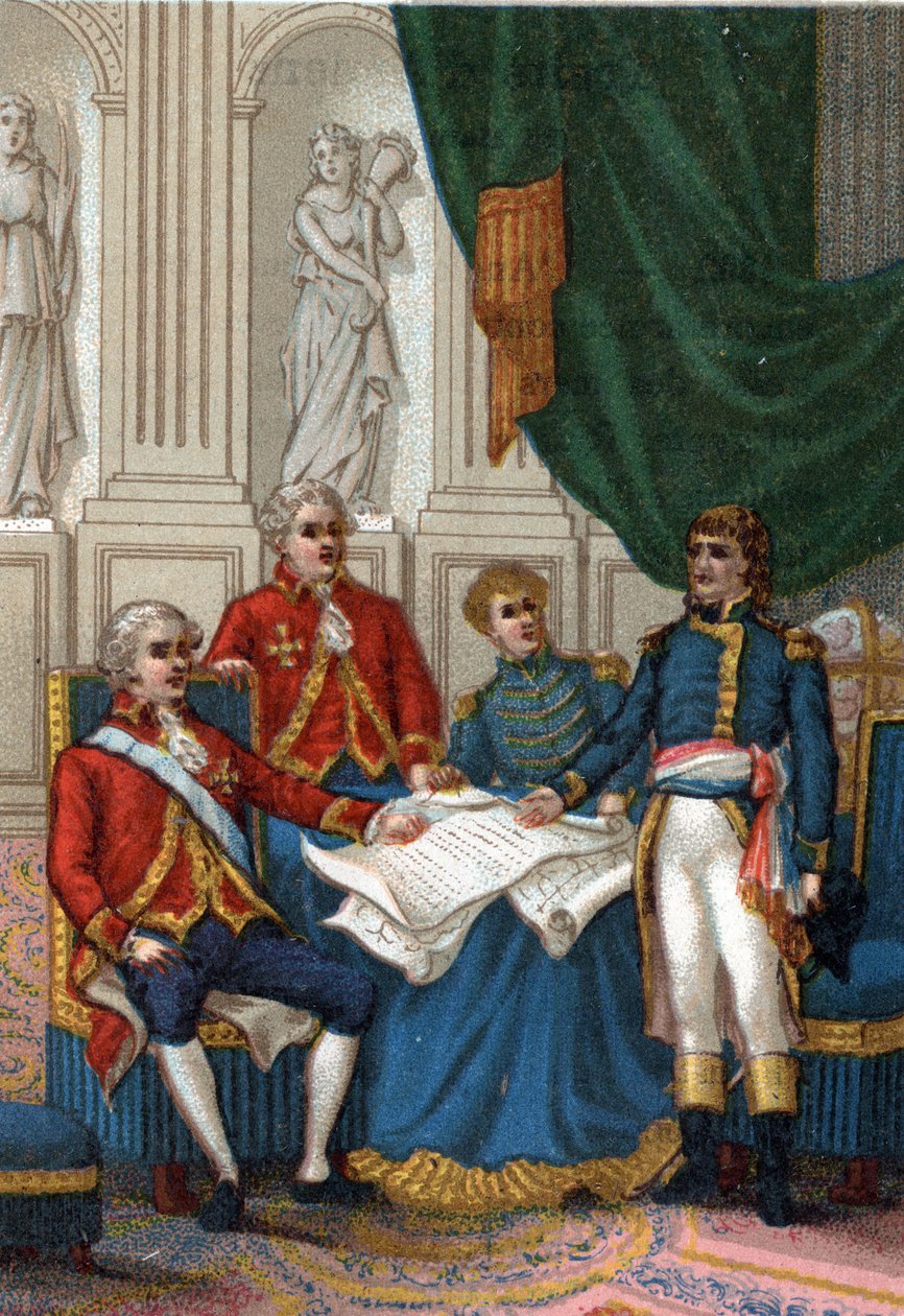 Napoleon Bonaparte i Amiens den 25. marts 1802 underskrev England og Frankrig en fredsaftale, der afsluttede den anden europæiske koalition mod Frankrig. (The Peace of Amiens, 25. marts 1802). af French School