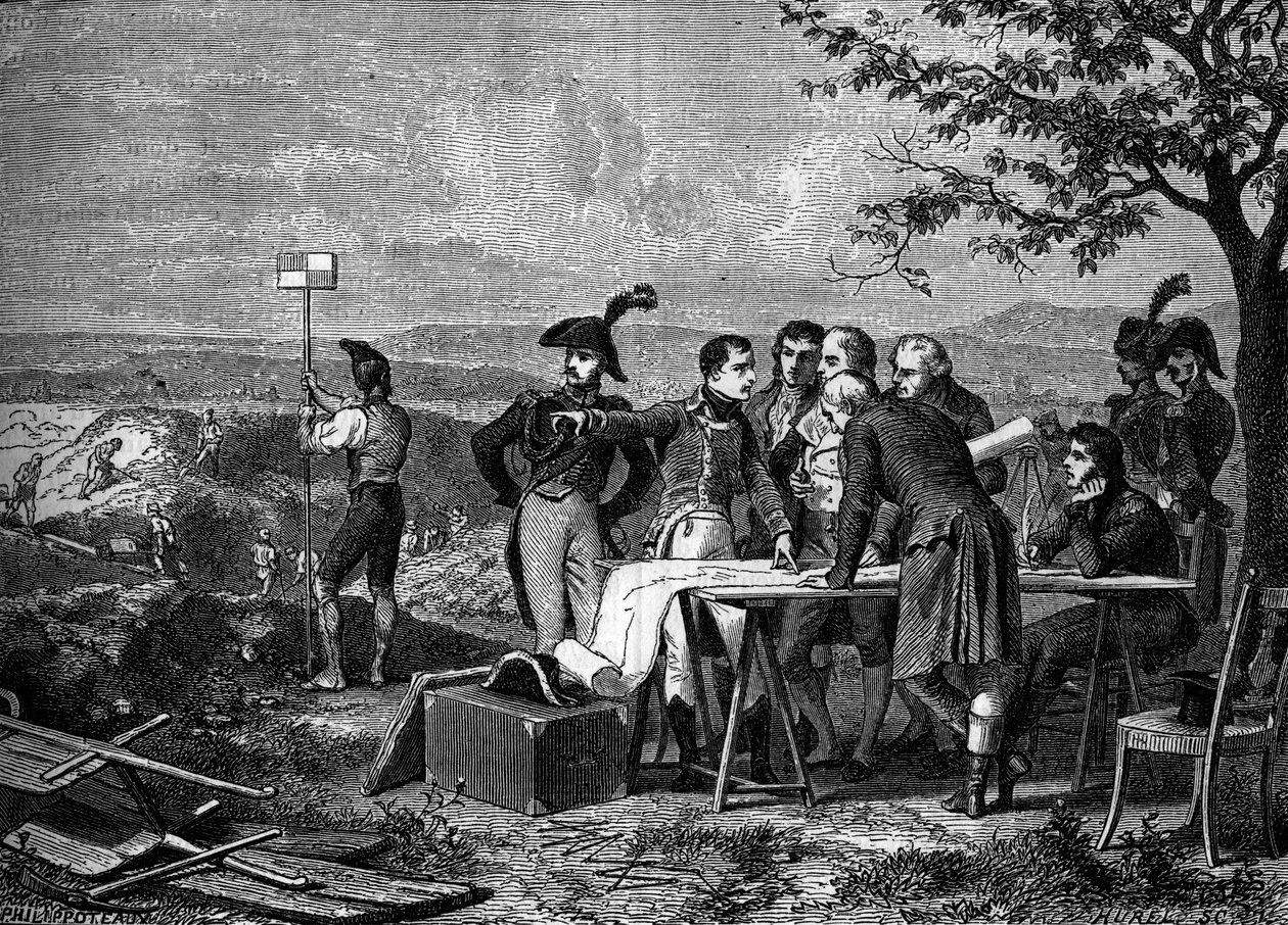 Napoleon Bonaparte angiver planen for udskæringen af Canal de Saint-Quentin i 1801 - Bonaparte angiver gennemboringen af Canal de Saint Quentin i 1801 - Indgravering af det 19. århundrede af French School