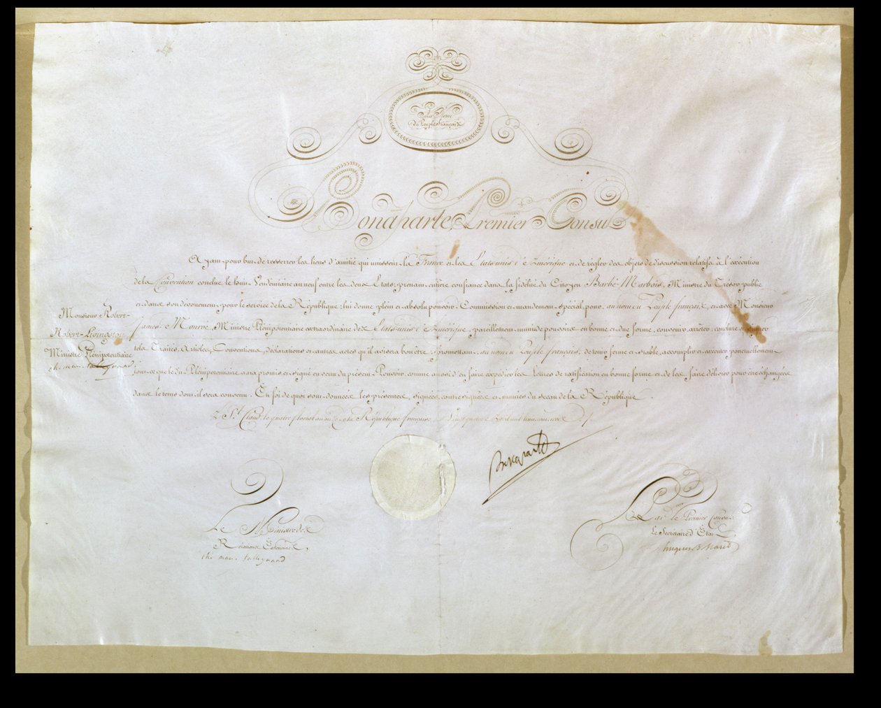 Napoleon Bonaparte (1769-1821) tilladelse til køb af Louisiana af USA, 30. april 1803 (blæk på vellum) af French School