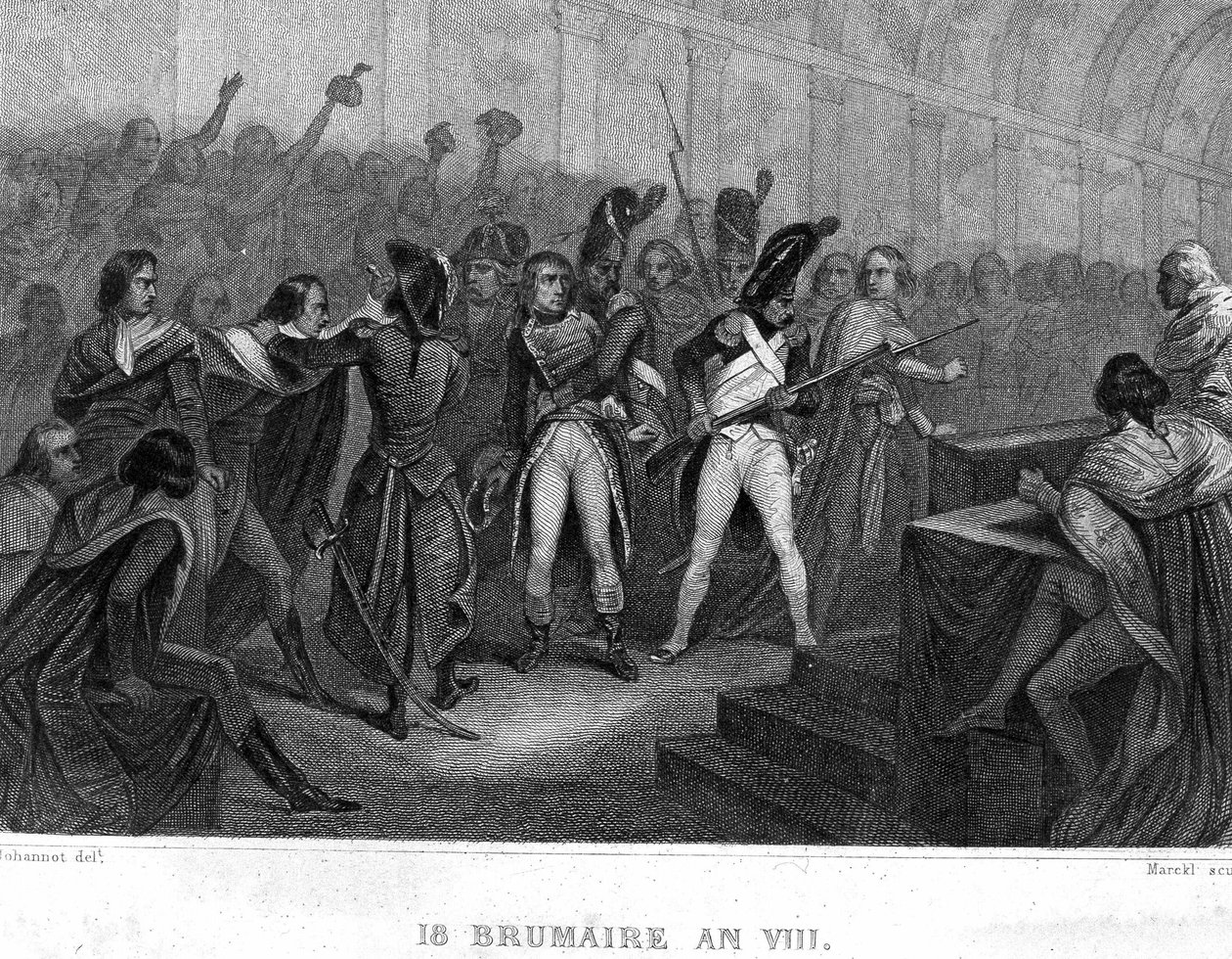 Napoleon Bonapartes statskup den 18. Brumaire år VIII (1799) i Hall of the Council of Five Cents (Five Cents) (room of 500) of Saint Cloud - in “” Revolution francaise”” af Thiers. 19. århundrede af French School