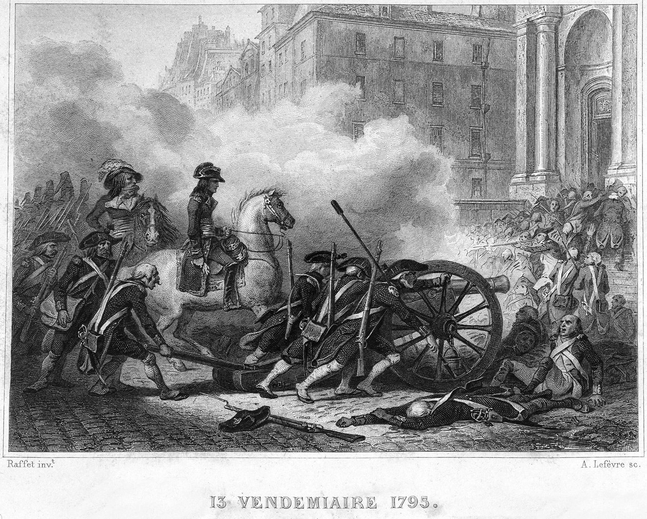 Napoleon knuser Royalist Rebellion - Napoleon Bonaparte (til hest) kommanderede revolutionære tropper i gadekampe den 13. Vendemiaire (5. oktober) - 13. Vendemiaire 1795 (Royalistisk opstand den 5. oktober 1795): Bonaparte genindtog ordenen ved shoo af French School