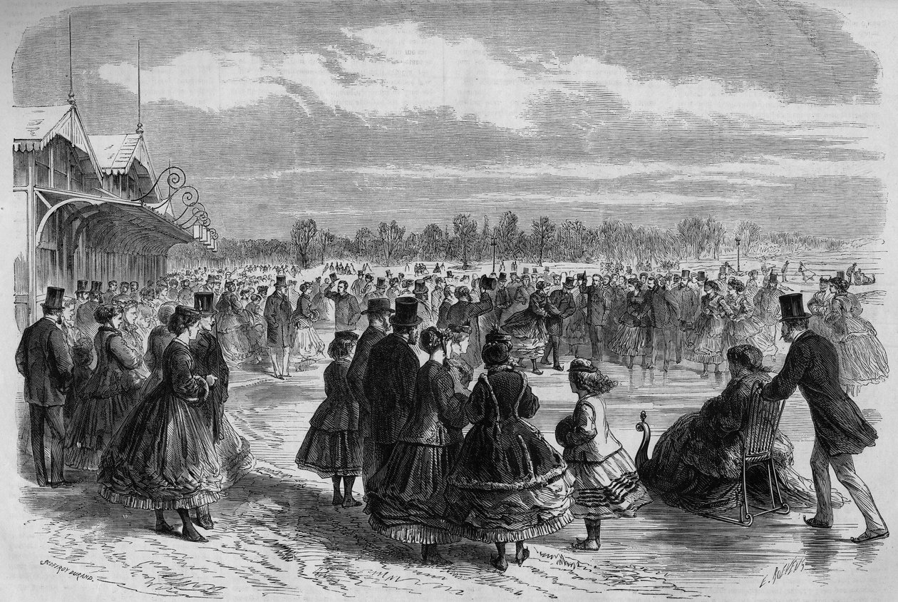 Napoleon III (1808-1873) og kejserinde Eugenie de Montijo (1826-1920) i skaterklubben Bois de Boulogne i Paris. Indgravering i ""Le Monde Illustre"" nr. 511 af 26. januar 1867. af French School