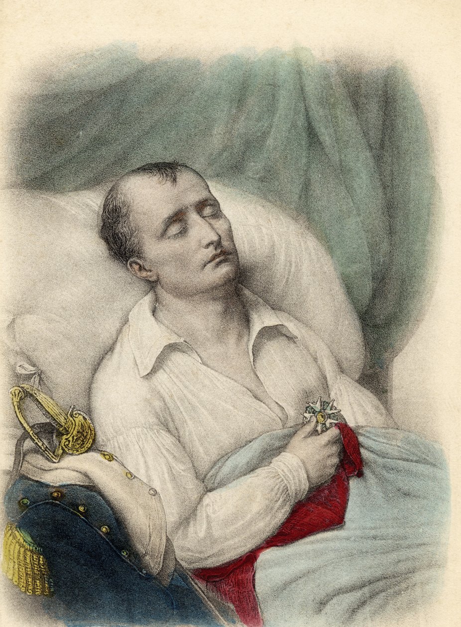 Napoleon I på sit dødsleje holder Æreslegionens kors på hjertet, St. Helena, 1821 (farve litho) af French School