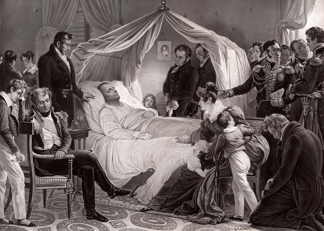 Napoleon I på sit dødsleje på St. Helena den 5. maj 1821 efter et maleri af Charles de Steuben af French School
