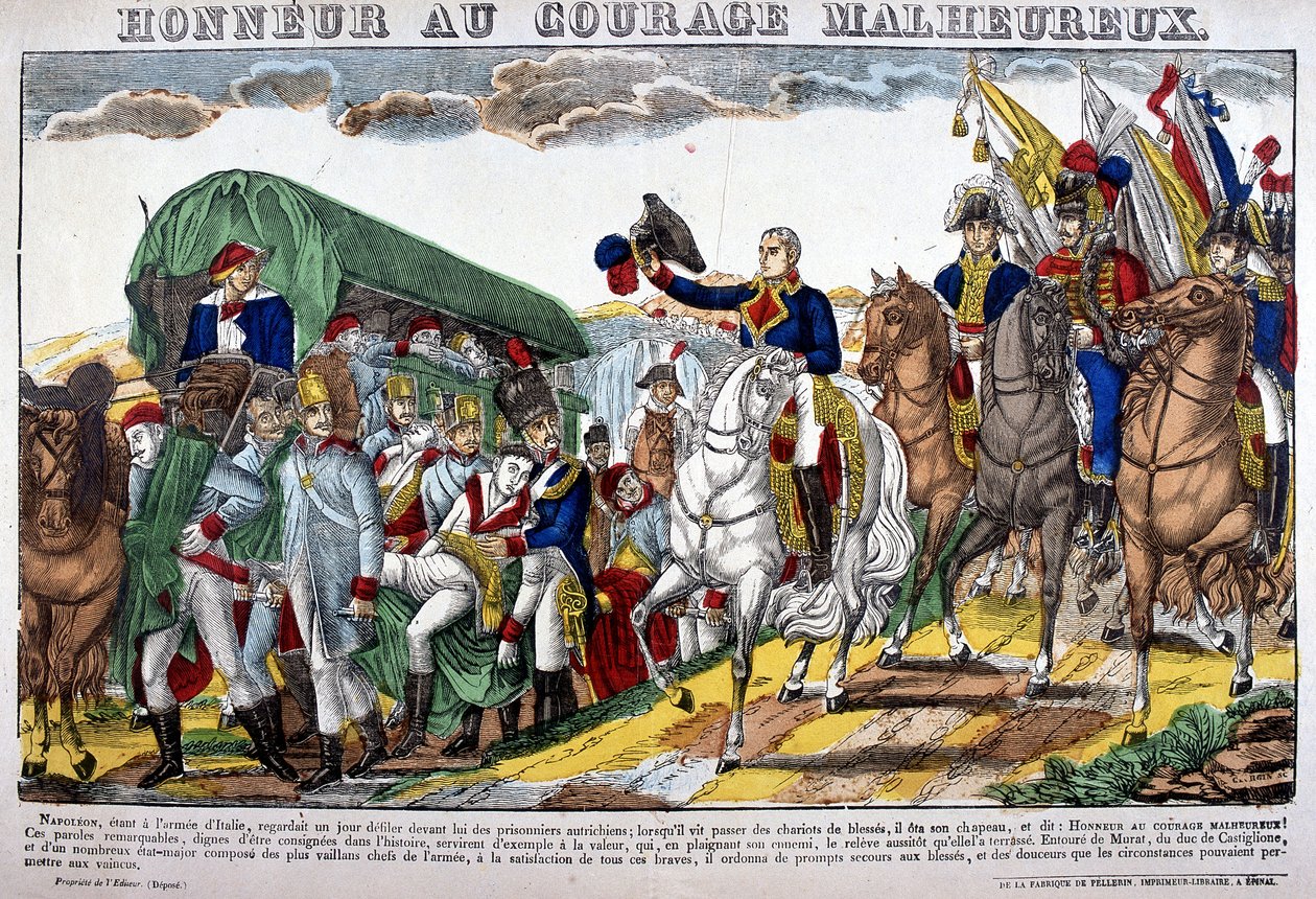 Napoleon I tager sin hat af som en konvoj af sårede og udbryder "Ære til det ulykkelige mod!" Billede af Epinal af French School