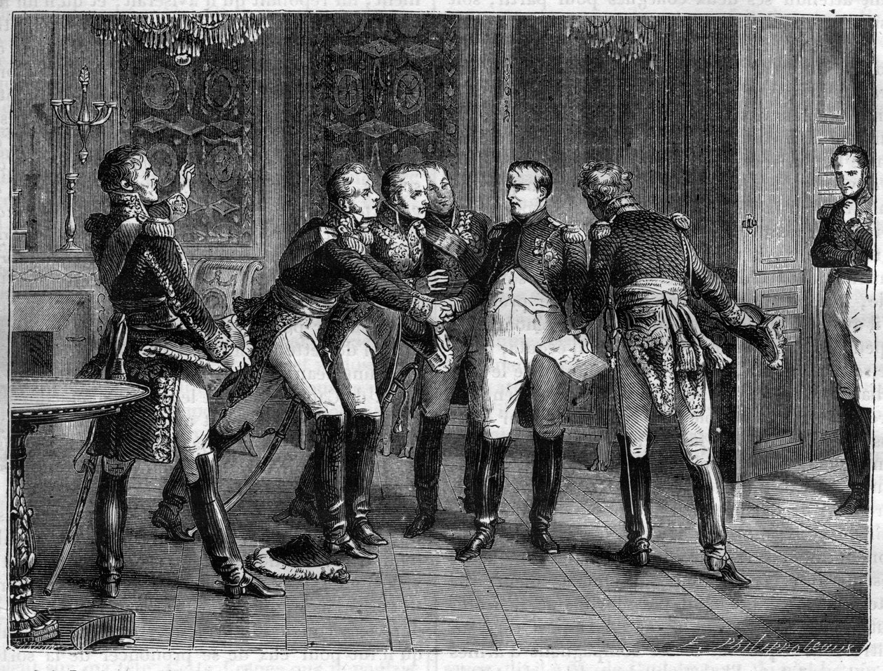Napoleon fortæller sine marskaller om sin beslutning om at abdicere, den 6. april 1814 - Napoleon I annoncerer sin abdicering til marskalkerne den 6. april 1814 - i "History of the empire following the history of the consulat" af Adolphe Thiers - 1879 - pr af French School