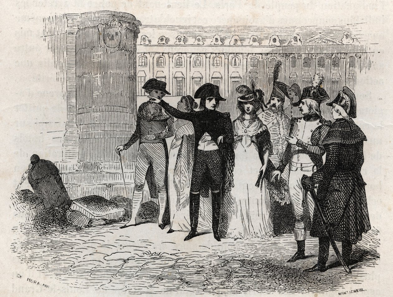 Napoleon går med Madame Tallien, født theresa Cabarrus, prinsesse af Caraman, prinsesse af Caraman Chimay (1773 - 1835) place Vendome i Paris - indgravering i "Les rues de Paris". Gamle og moderne Paris: oprindelse, historie, monumenter, kostumer, moral, c af French School