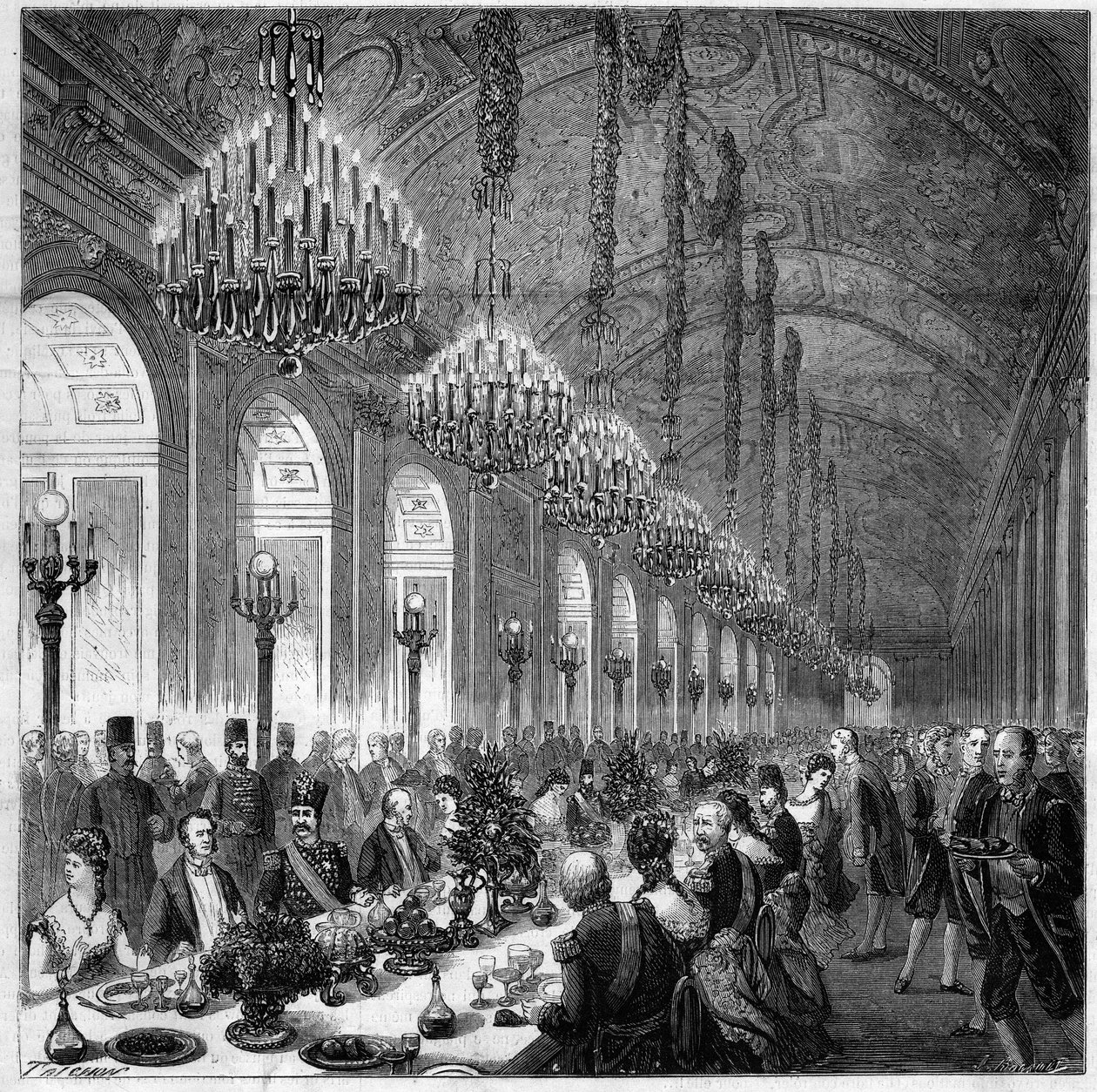 Nasir Al-Din (Nasser al-Din) (1831-1896) Shah fra Persien til Versailles. Banket i isgalleriet. til venstre for ham Albert, hertug af Broglie (1821-1901). af French School