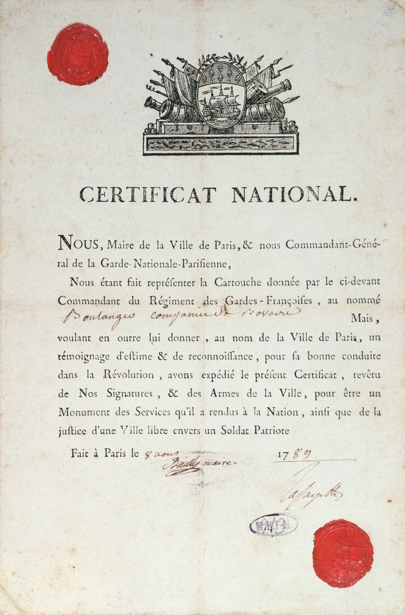 Nationalt certifikat for god opførsel under den franske revolution, 8. august 1789 i Paris af French School