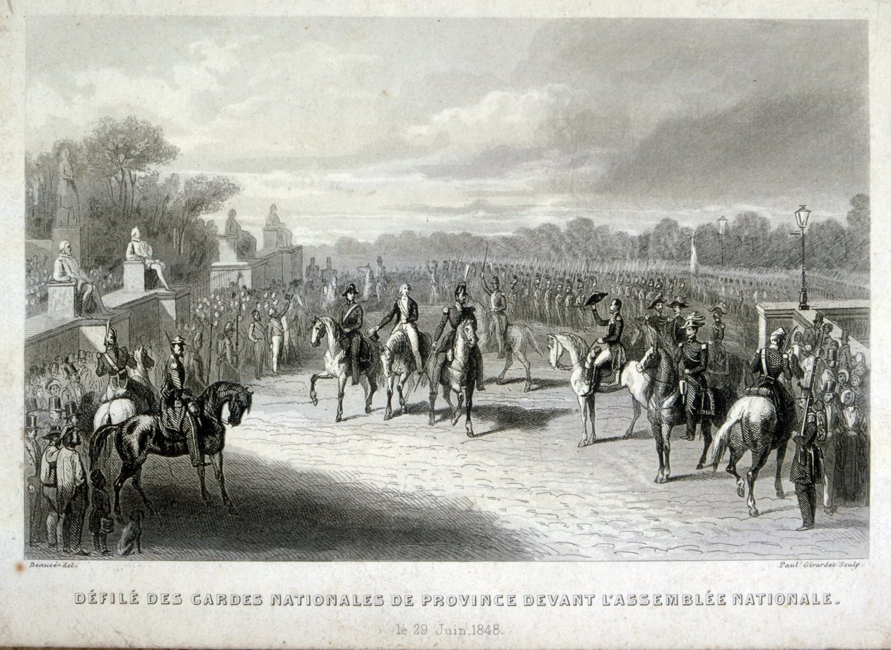 Nationalgardens soldater beskytter nationalforsamlingen i Paris. Gravering under den franske 1848-revolution (gravering) af French School