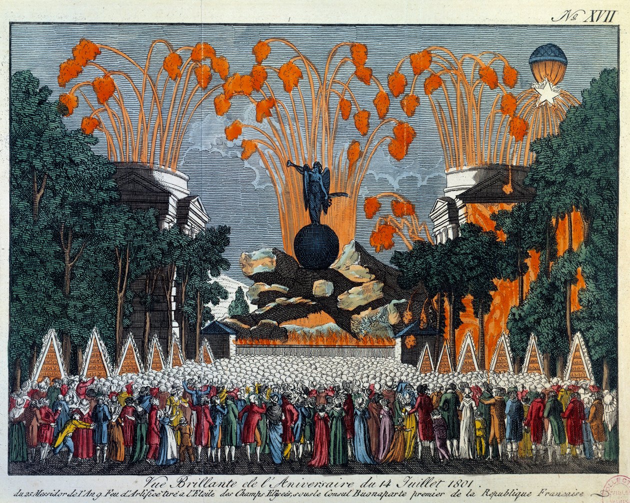 Nationalfesten den 14. juli 1801 på Champs Elysees i Paris: Fyrværkeri finder sted fra stjernen på Champs Elysees i Paris. Tryk fra 1801 Paris, Musee Carnavalet af French School