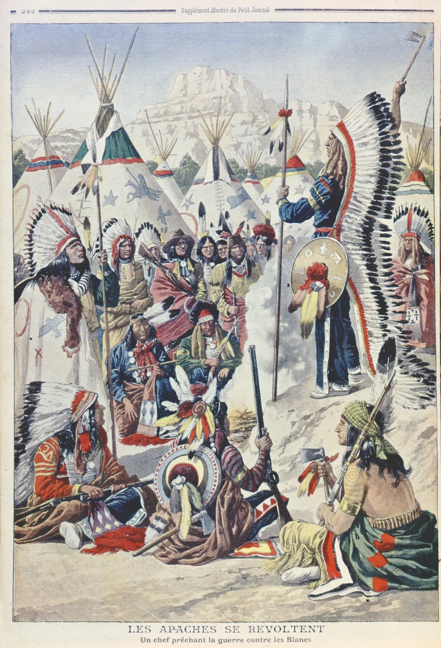 Native American Chief opfordrer til oprør mod de hvide mennesker, illustration fra Le Petit Journal af French School