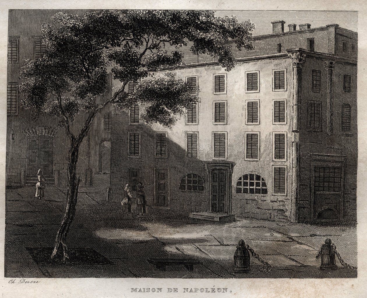 Napoleon Bonapartes indfødte hus i Ajaccio (Korsika) - Fødested for Napoleon Bonaparte a Ajaccio en Corsica - Gravering fra "" Det maleriske Italien" - Historisk og beskrivende maleri af Italien" af M. de Norvins, Ch. Nodier 1834-1836. af French School