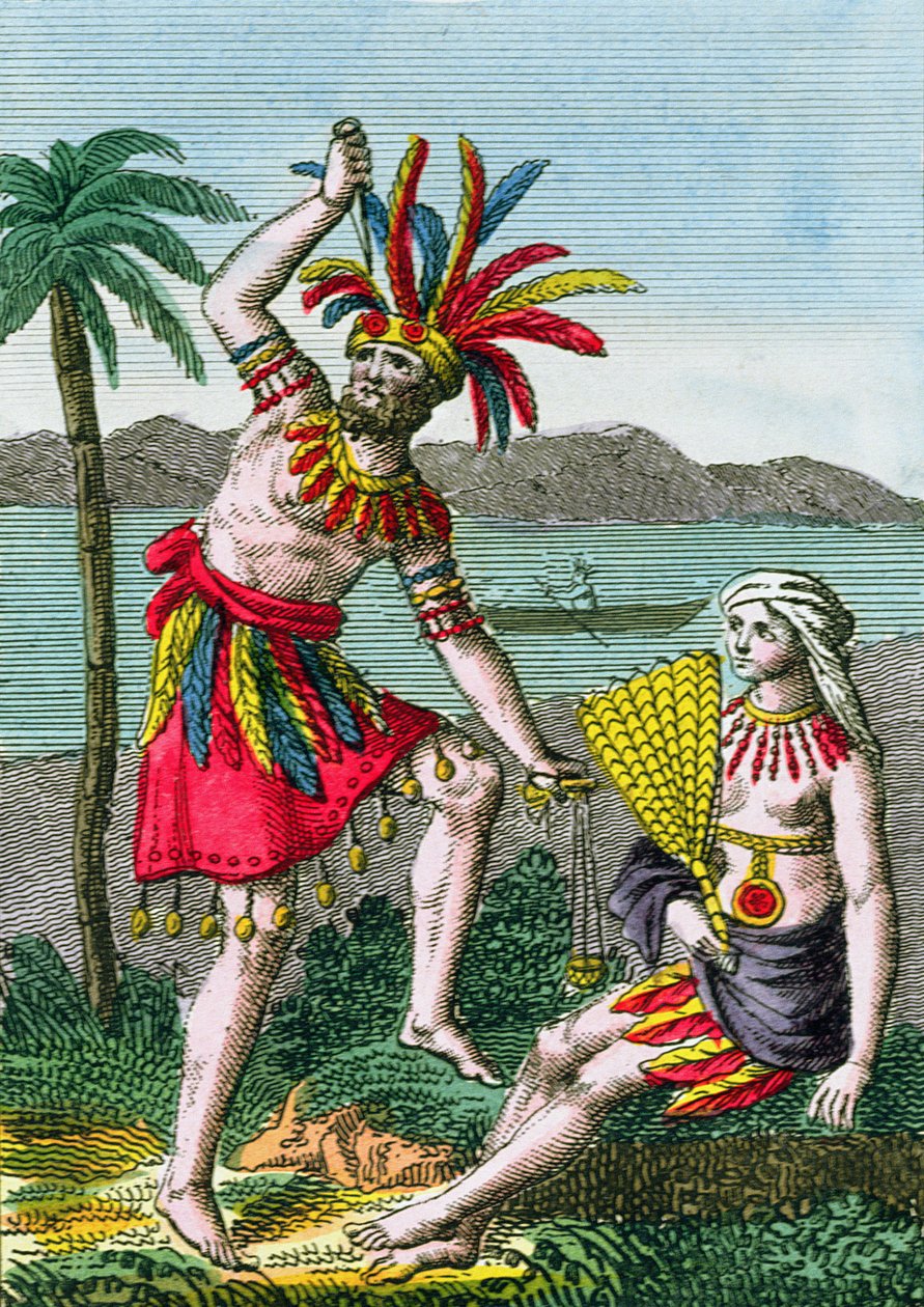 Indfødte indbyggere på Marquesas-øerne, illustration fra Histoire des Voyages Autour du Monde af J. Dufay, udgivet af Courvalet & Co., Paris, 1826 (farvegravering) af French School