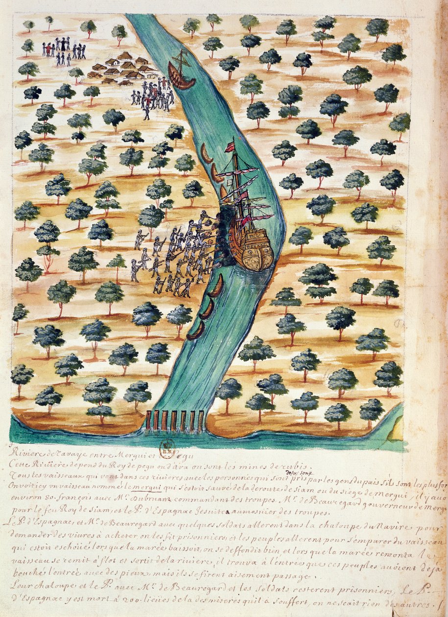 Indfødte angriber franske skibe på floden Tavoy, fra en beretning om jesuitterne i Siam, 1688 (wc på papir) af French School