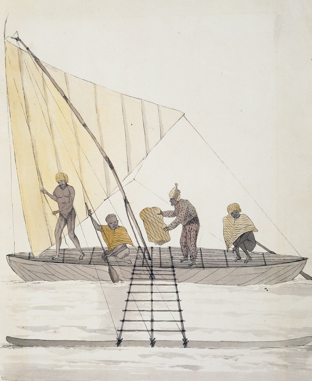 Indfødte fra Iles Basses og afbalanceret sejlkano, akvarel af Jules-Louis Lejeune, fra Duperrey