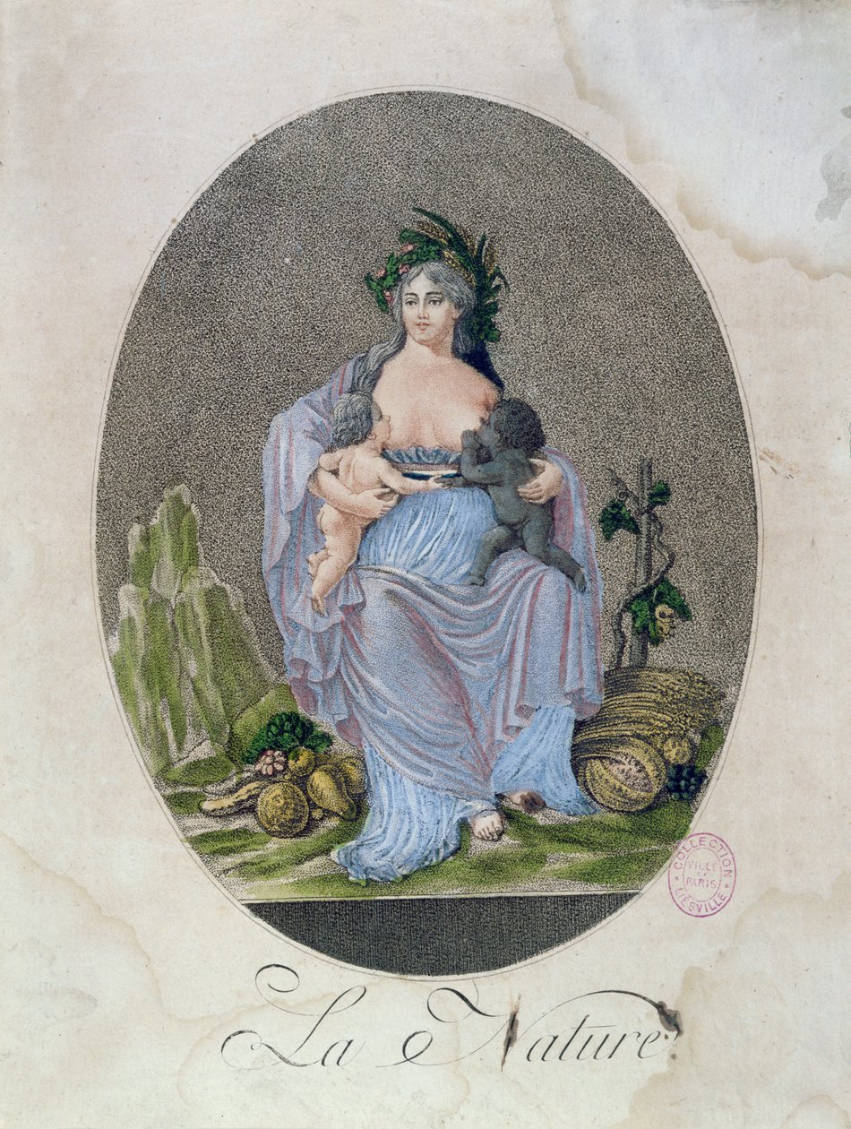 Naturen breastfeeding a black baby and a white baby, c.1792 af French School