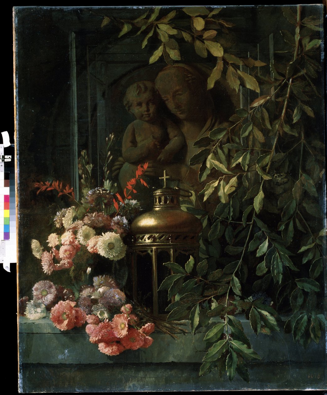 ""Stilleben"" (Madonna med barn, lanterne, blomster (inklusive nellike) Maleri af den franske skole 1800-tallet. Mikhail Kroshitsky Kunstmuseum, Sevastopol (Sevastopol) Ukraine af French School