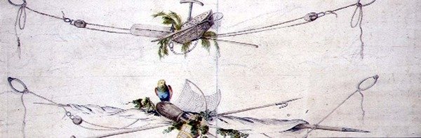 Nautisk kartouchedesign med en papegøje, ca. 1800 (akvarel på papir) af French School