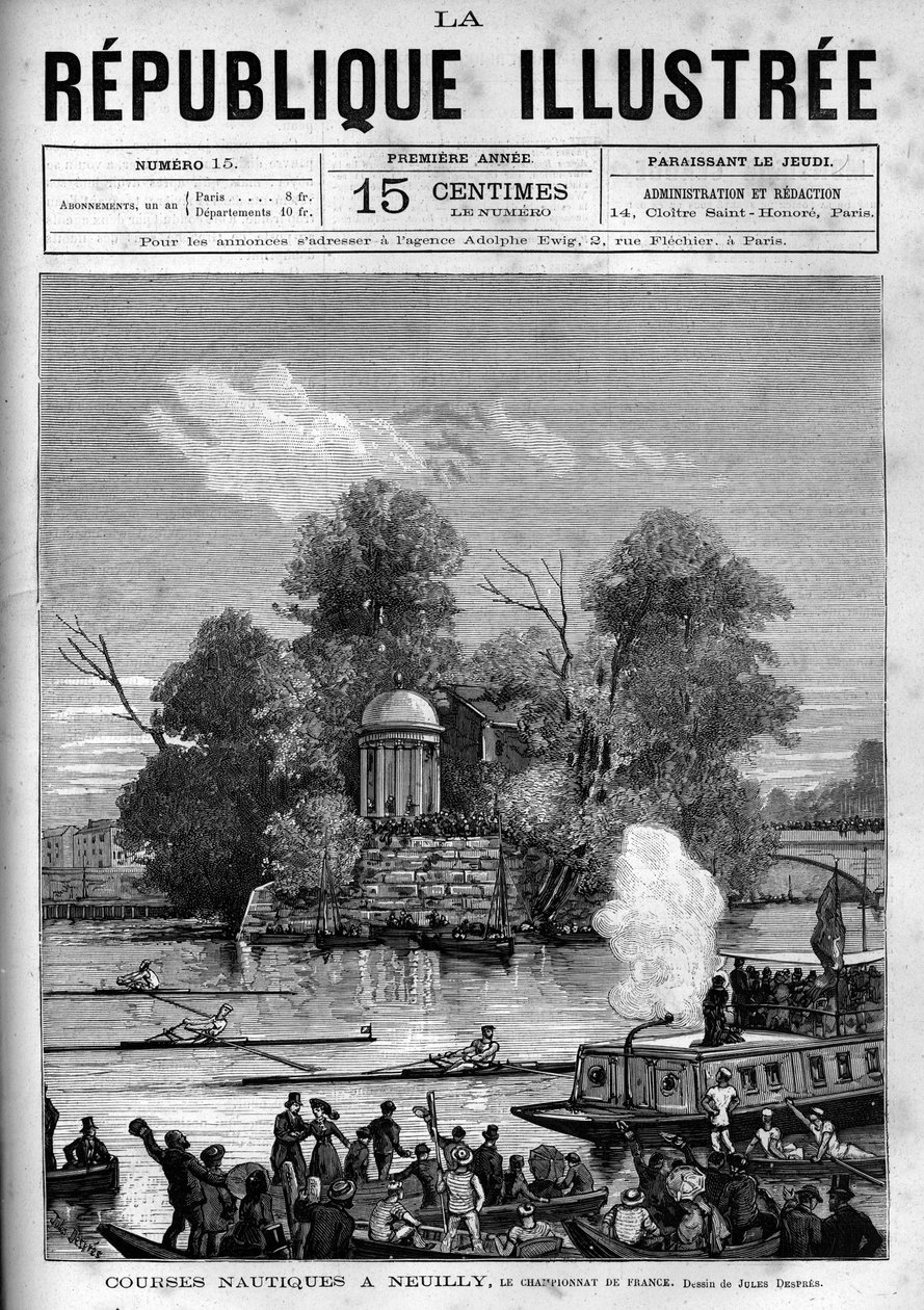 Nautiske løb: Fransk mesterskab i roning arrangeret på Seinen ud mod Ile de la Grande Jatte i Neuilly. En avis. Indgravering fra 1880 i "La republique illustree"" privatsamling. af French School