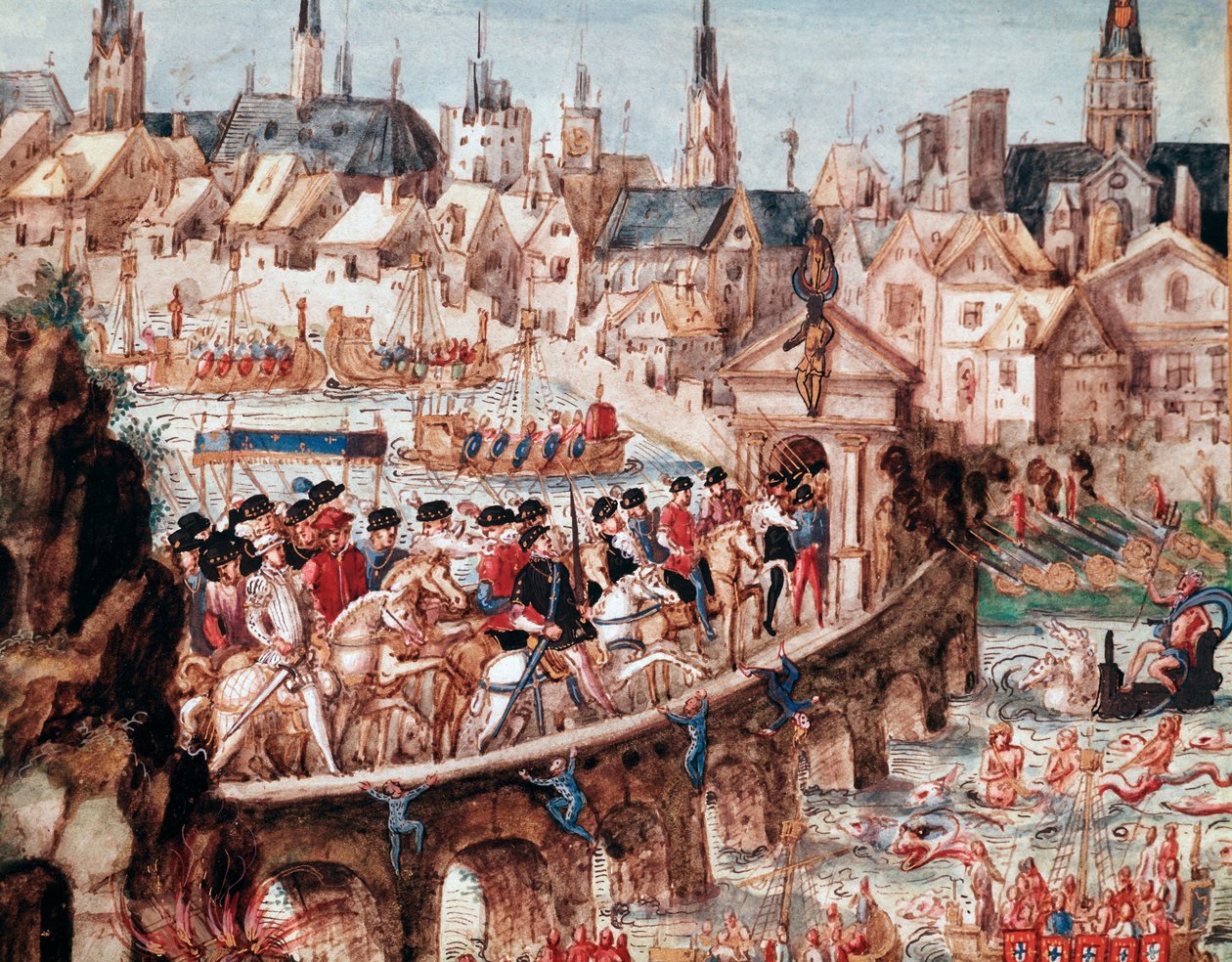 Nautiske udstillinger arrangeret af byen Rouen i anledning af Kong Henrik IIs (1519-1559) kongelige indtog og Catherine de Medicis (Caterina de Medici) (1519-1589) den 1/10/1550 Ryttere krydsede Seinen på bro Saint Ouen (St Ouen bro ind af French School