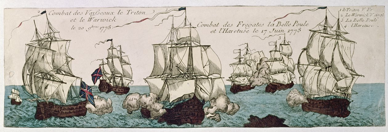 Sømilitære engagementer mellem den franske og engelske flåde under den amerikanske revolution i 1778 af French School