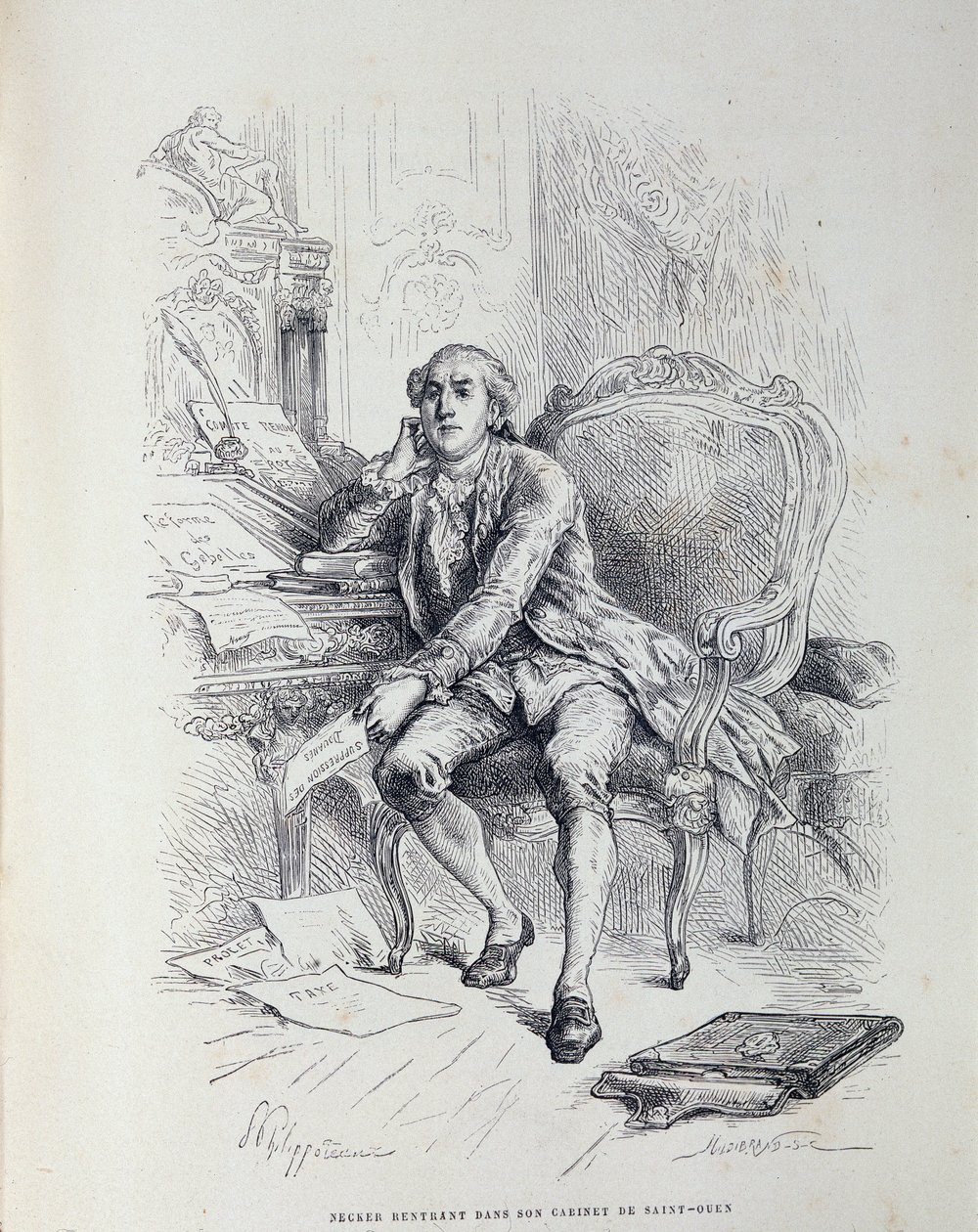 Necker på sit kontor i Saint-Ouen, omgivet af notater "Reform of Gabelles", "Skatter", "Afskaffelse af told" osv. af French School