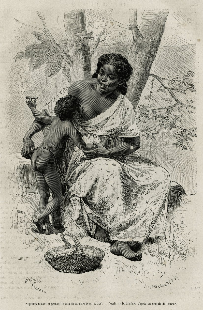 Negillon ryger og tager brystet af sin mor i Darien-regionen (det østlige Panama), graverer efter en tegning af D.Maillart, for at illustrere historien Exploration at Panamas and Dariens isthms, af A. Reclus, skibsløjtnant, fra 1876 til 1878 af French School