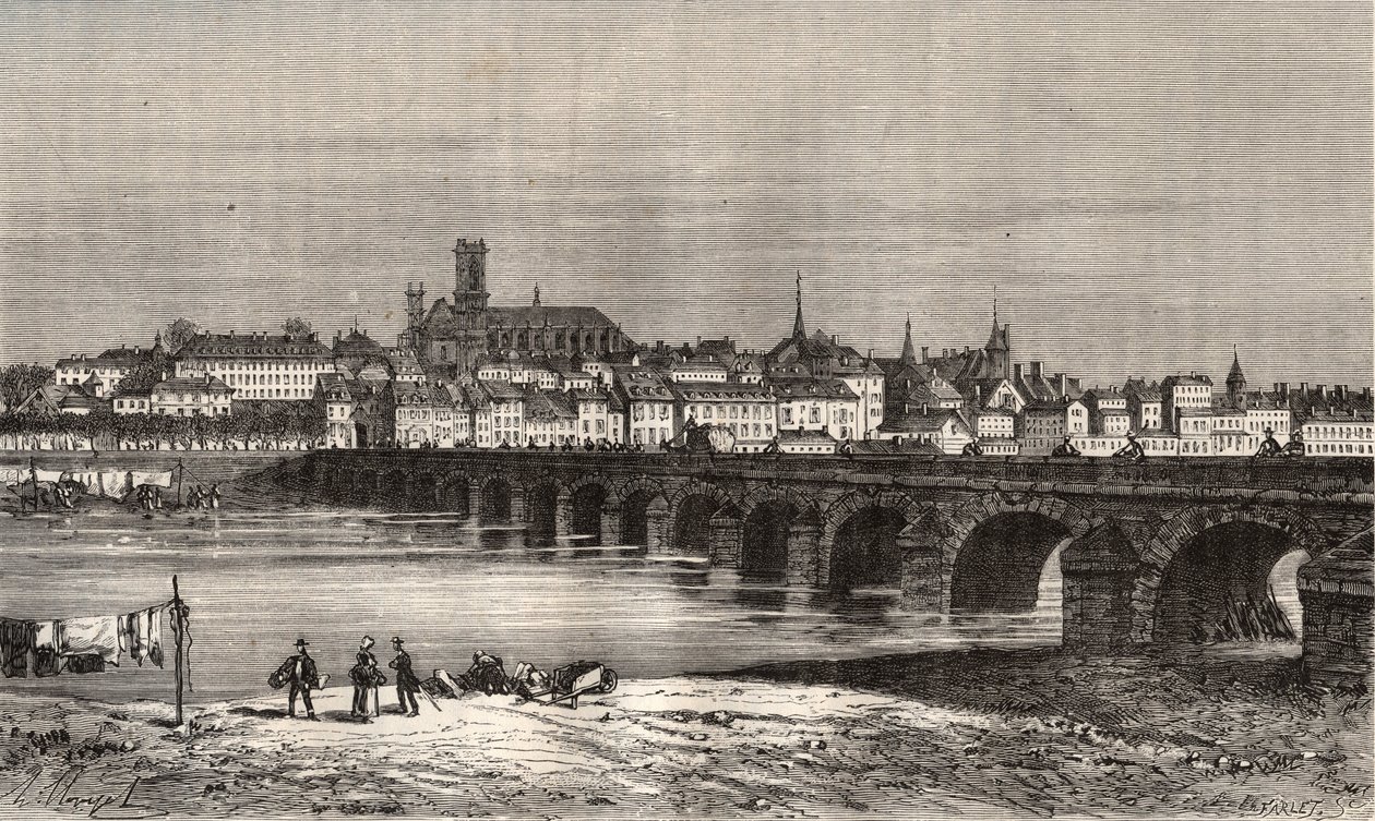 Nevers - Nievre en region Bourgogne - gravering i "La France illustree: geografi, historie, statistisk administration" af V.-A. Malt-brun. 1884 af French School