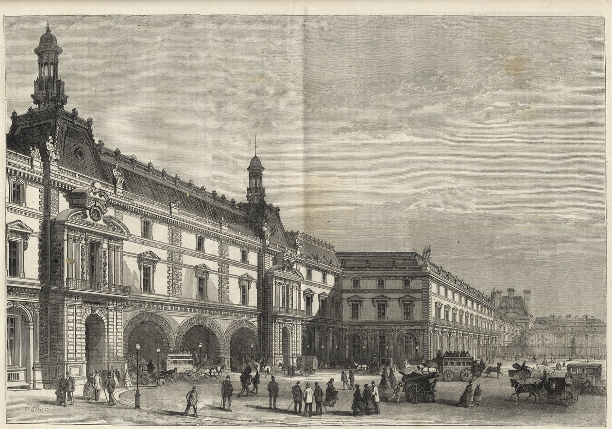 Nye bygninger i Tuilerierne på Place du Carrousel (gravering) - Det nye Louvre - facade på siden af ​​Place du Carrousel og Salle des Etats - gravering af 1869 af French School