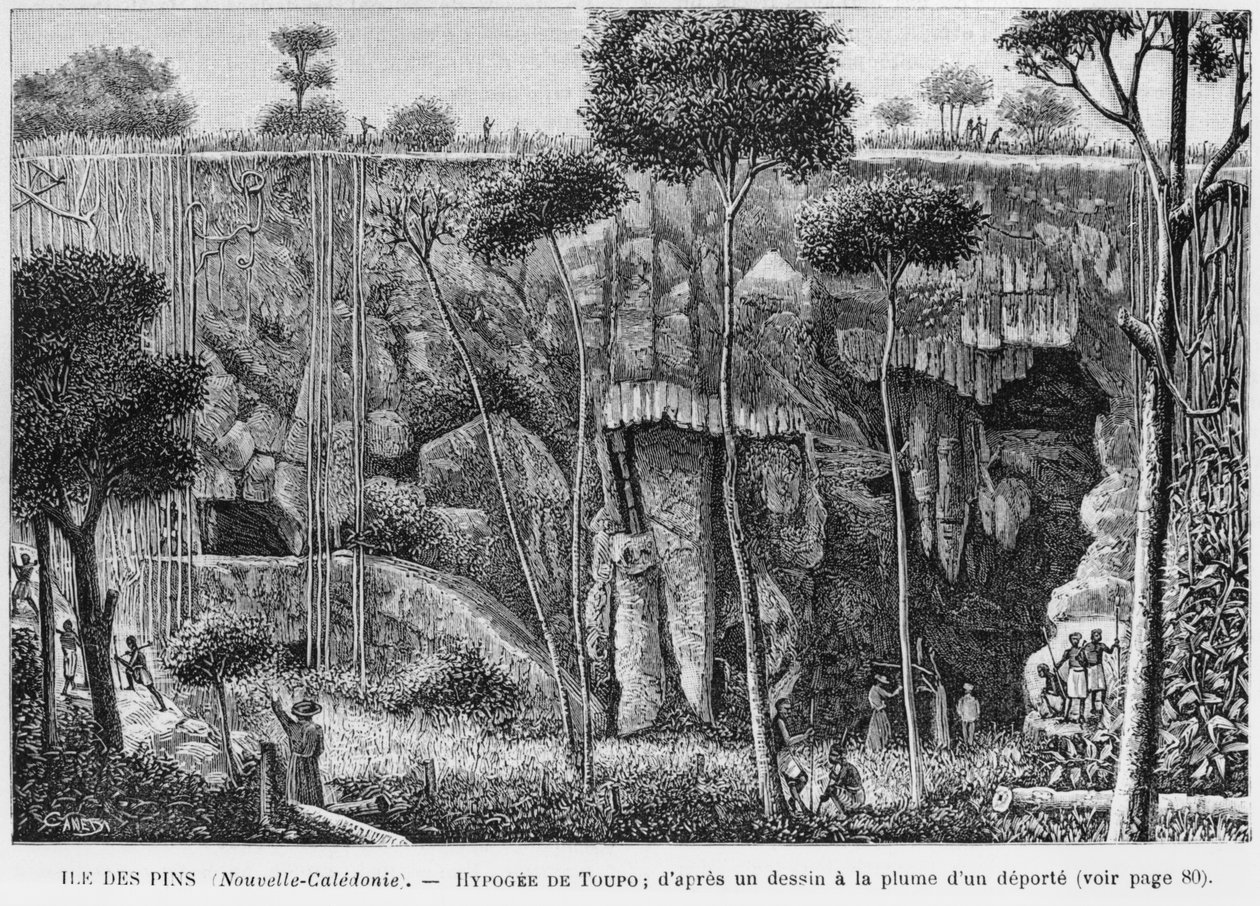 New Caledonia, Isle of Pines, Hypogeum of Toupo, efter en pen- og blæktegning af en deporteret, illustration fra bulletinen Les Missions Catholiques, 1893 af French School