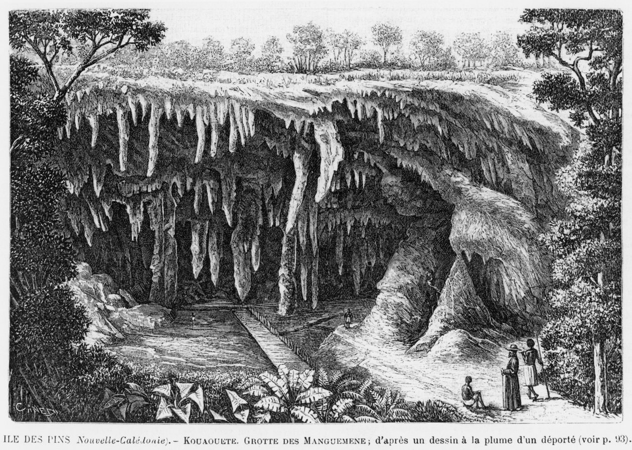 Ny Kaledonien, Isle of Pines, Kouaouete, Manguemene grotte, illustration fra bulletinen Les Missions Catholiques, efter en pen- og blæktegning af en deporteret, 1893 af French School