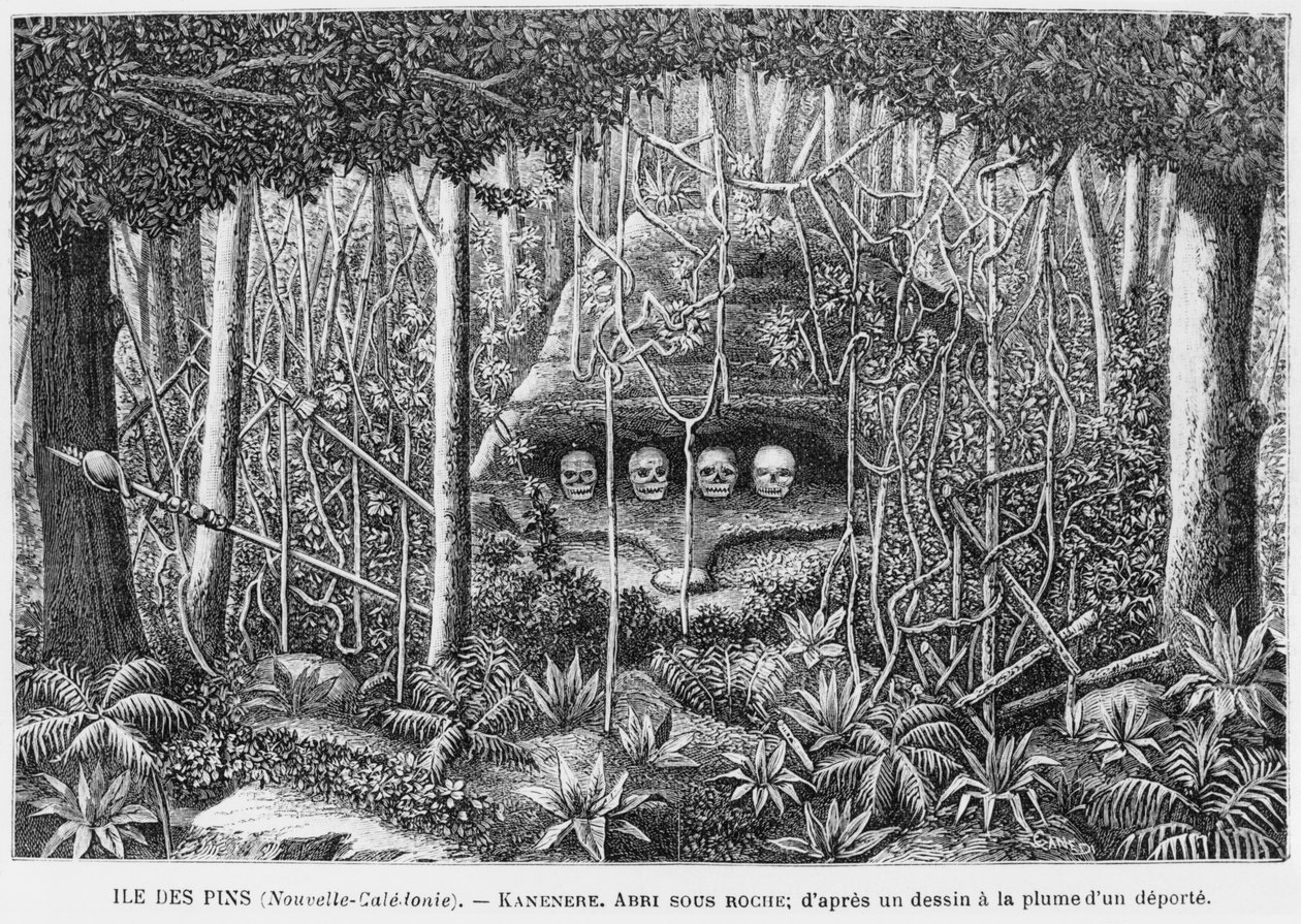 New Caledonia, Isle of Pines, et husly i klipperne, efter en pen- og blæktegning af en deporteret, illustration fra bulletinen Les Missions Catholiques, 1893 af French School
