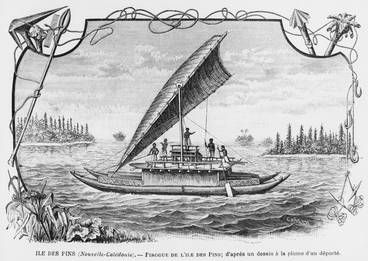 Ny Kaledonien, pirog på Isle of Pines, efter en pen- og blæktegning af en deporteret, illustration fra bulletinen Les Missions Catholiques, 1893 af French School