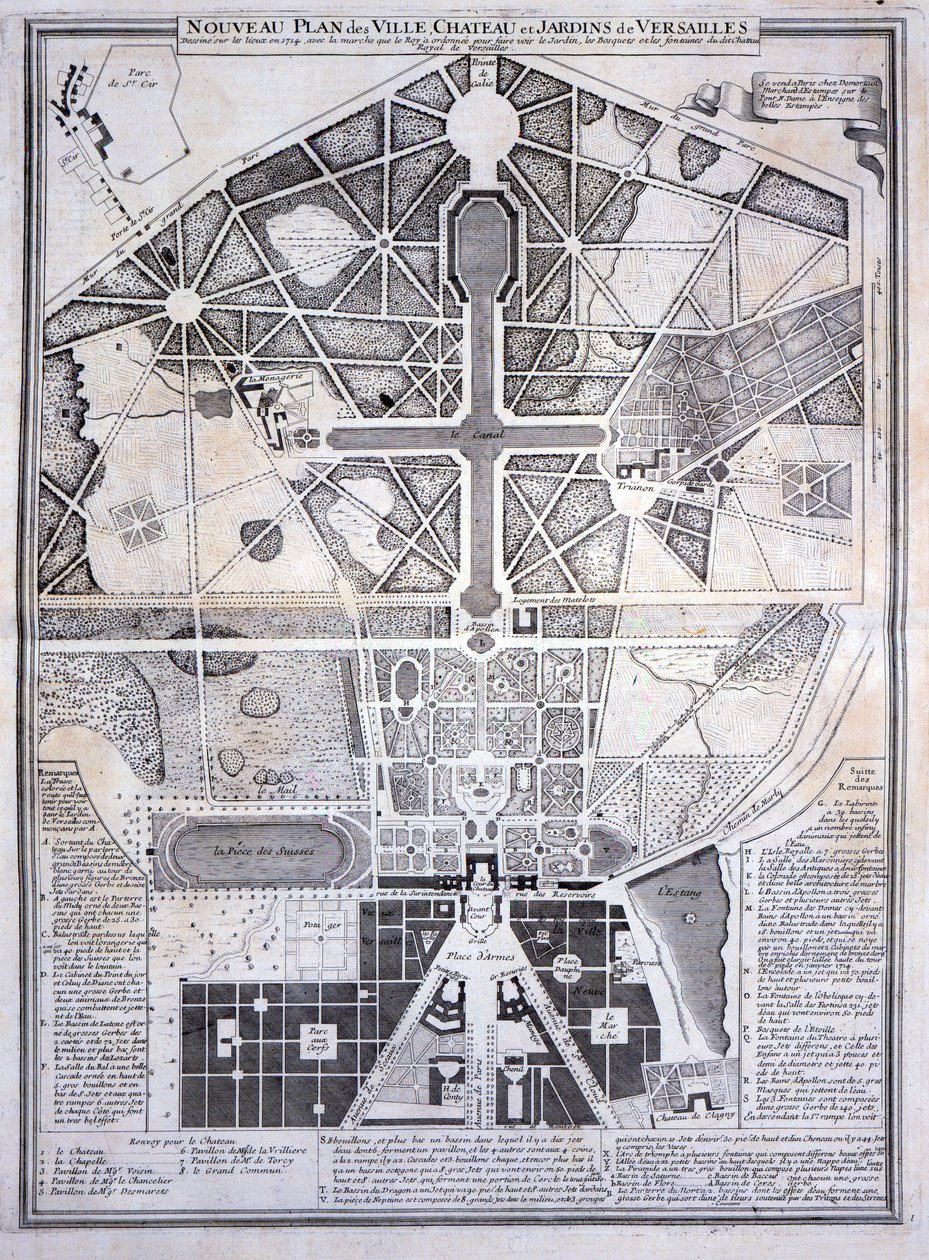 Ny plan for byen, slottet og haverne i Versailles, 1714, fra Les Plans, Profils et Elevations des Villes et Chateau de Versailles, udgivet ca. 1715 af French School