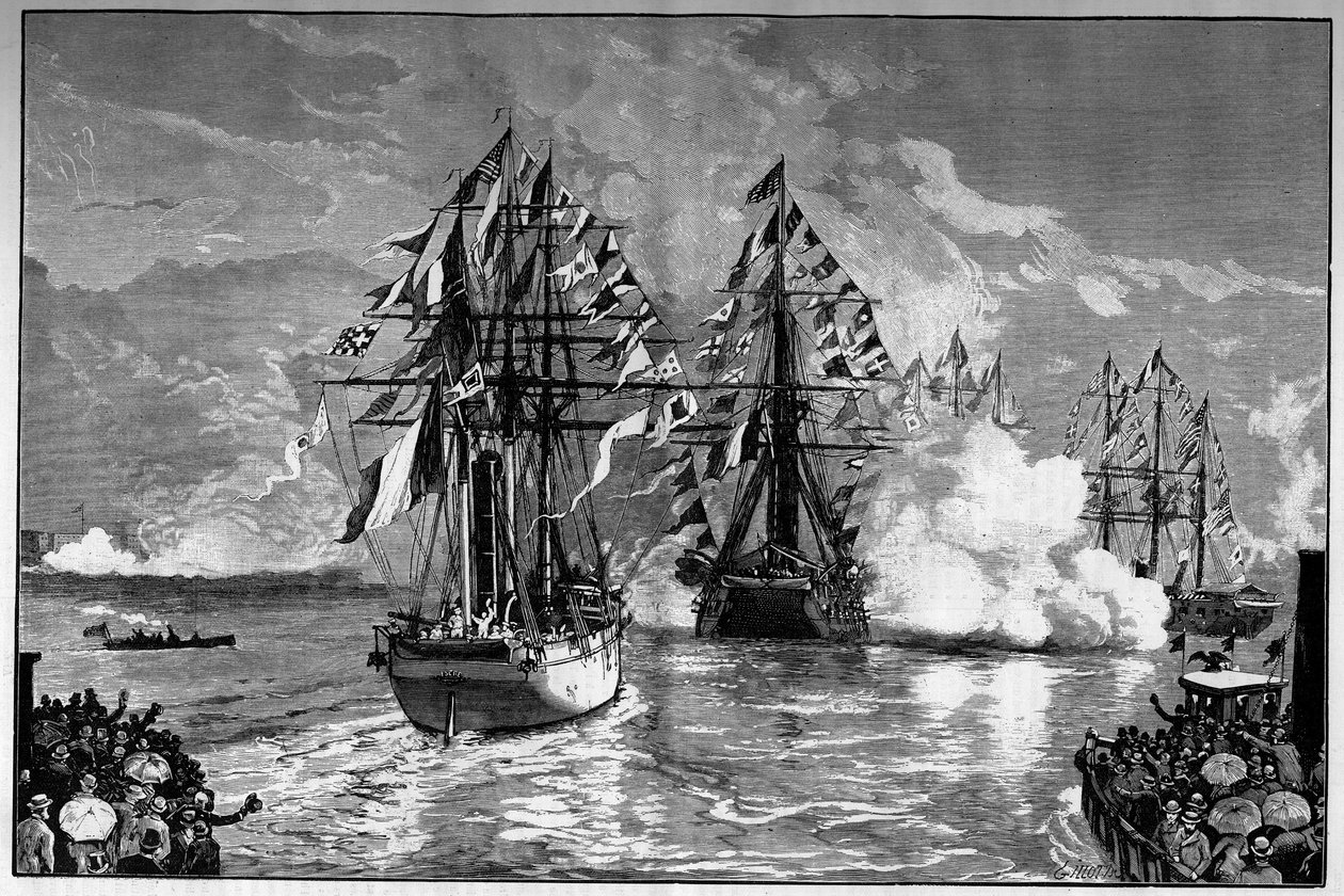 New York: ankomst til havnen i byen af ​​det franske skib "Isere" med Frihedsgudinden af ​​Frederic Auguste Bartholdi (1834-1904), 19. juni 1885. Indgravering i ""Le Monde Illustre"" af French School
