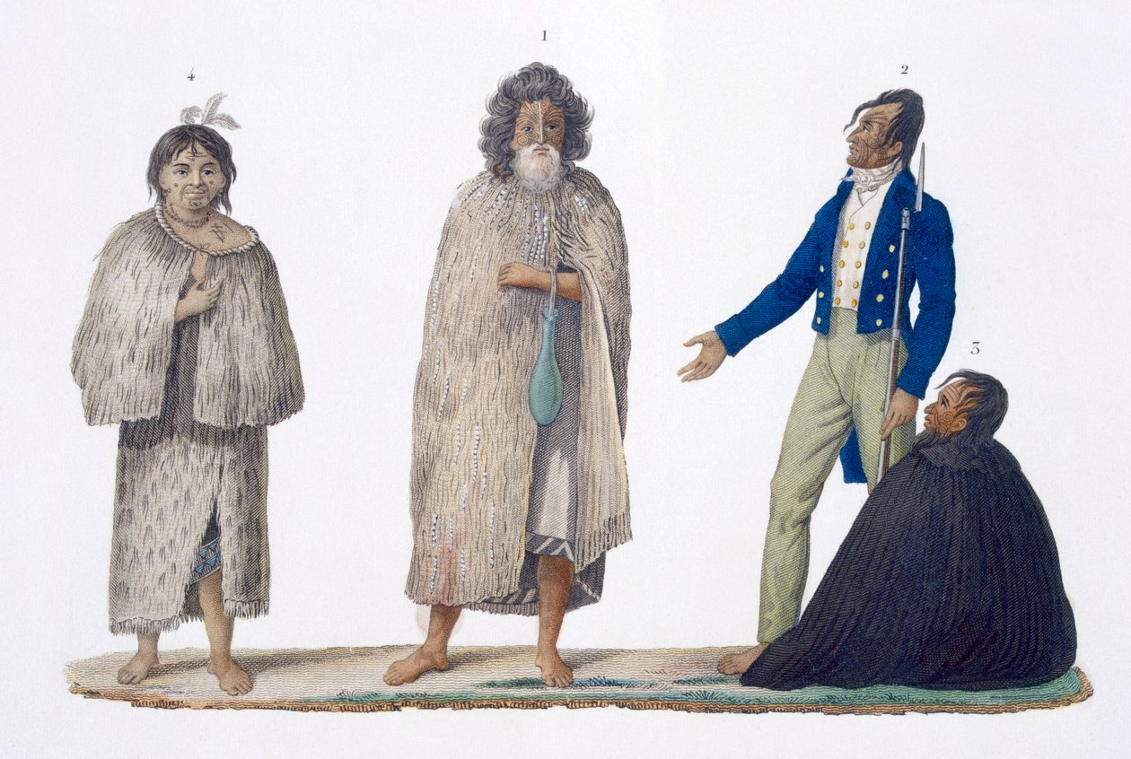 New Zealands indfødte i indfødte og vestlige klæder, 1826 af French School